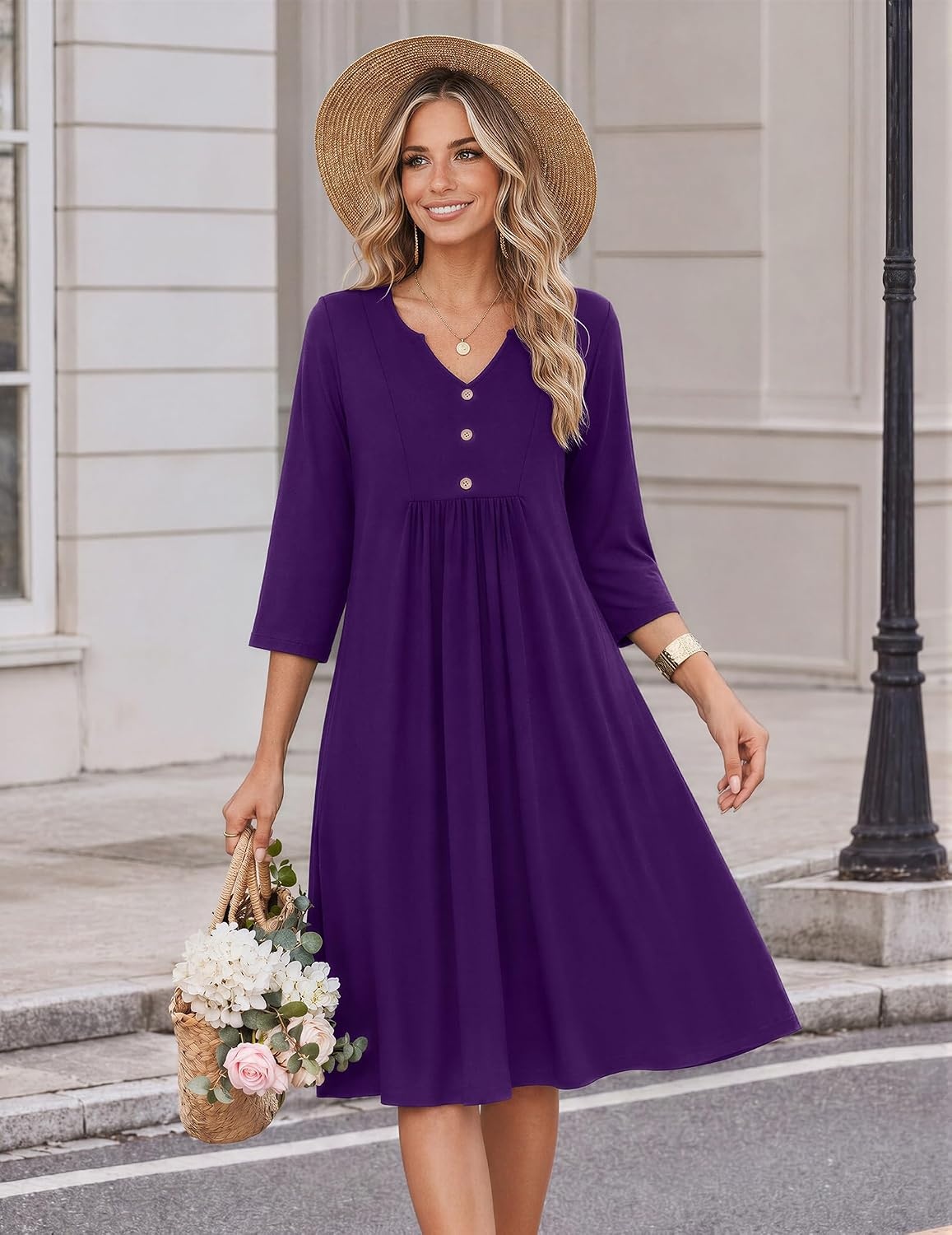 image:imageZeagoo Womens Dresses 34 Sleeve Casual Fall A Line Midi Dress with PocketsPurple