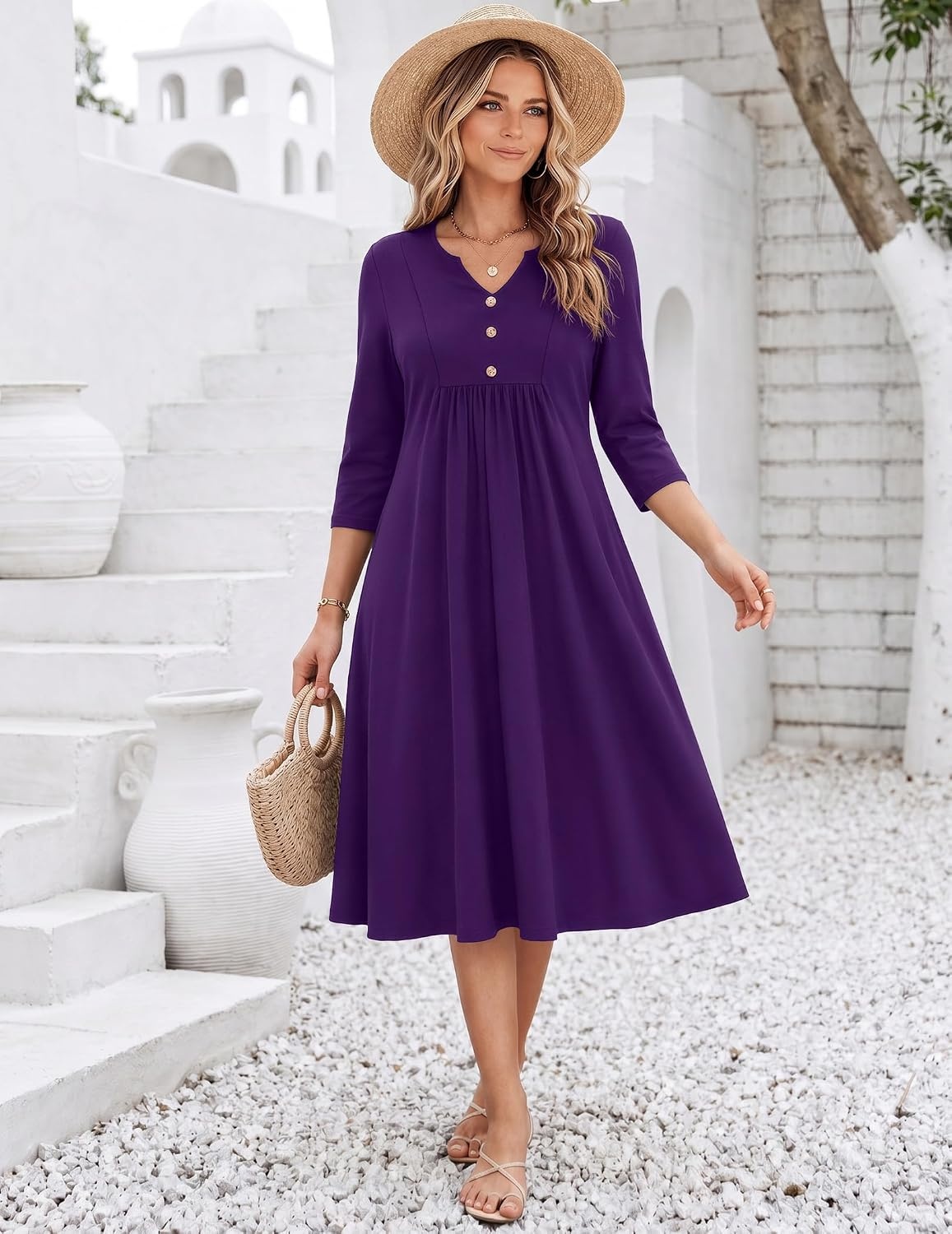 image:imageZeagoo Womens Dresses 34 Sleeve Casual Fall A Line Midi Dress with PocketsPurple