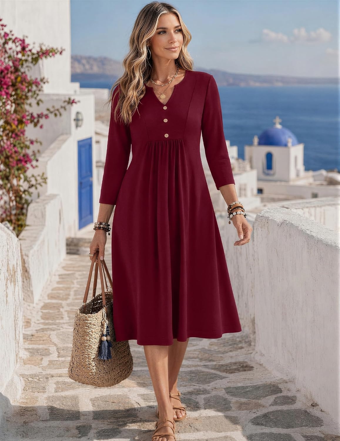 image:imageZeagoo Womens Dresses 34 Sleeve Casual Fall A Line Midi Dress with PocketsWine Red