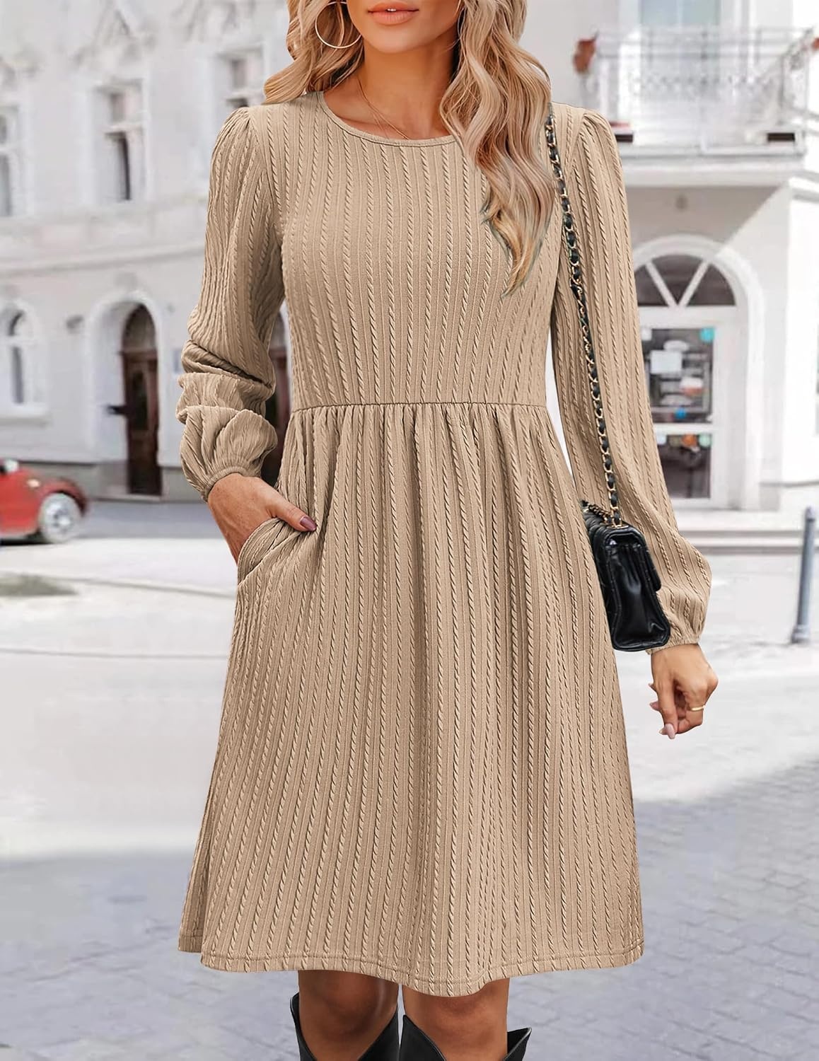 image:imageZeagoo Womens Fall Sweater Dresses with Pockets Crew Neck Long Sleeve ALine Dresses for Women 2025 Casual Winter DressesBeige