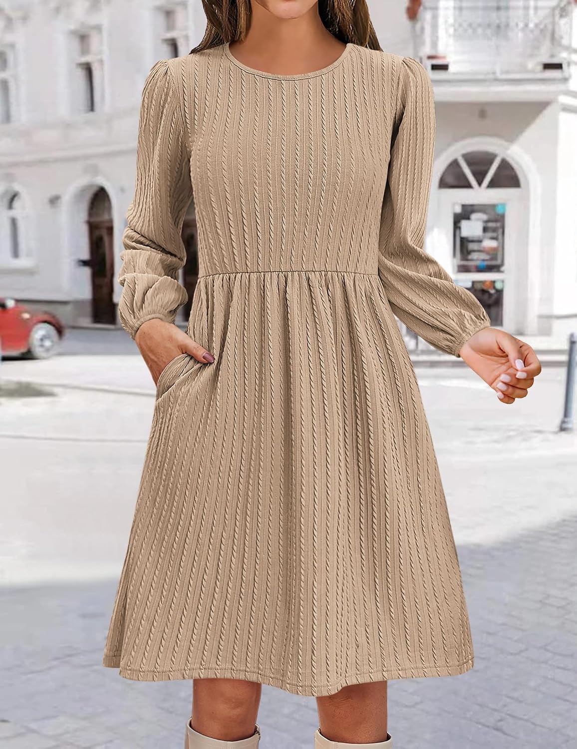 image:imageZeagoo Womens Fall Sweater Dresses with Pockets Crew Neck Long Sleeve ALine Dresses for Women 2025 Casual Winter DressesBeige