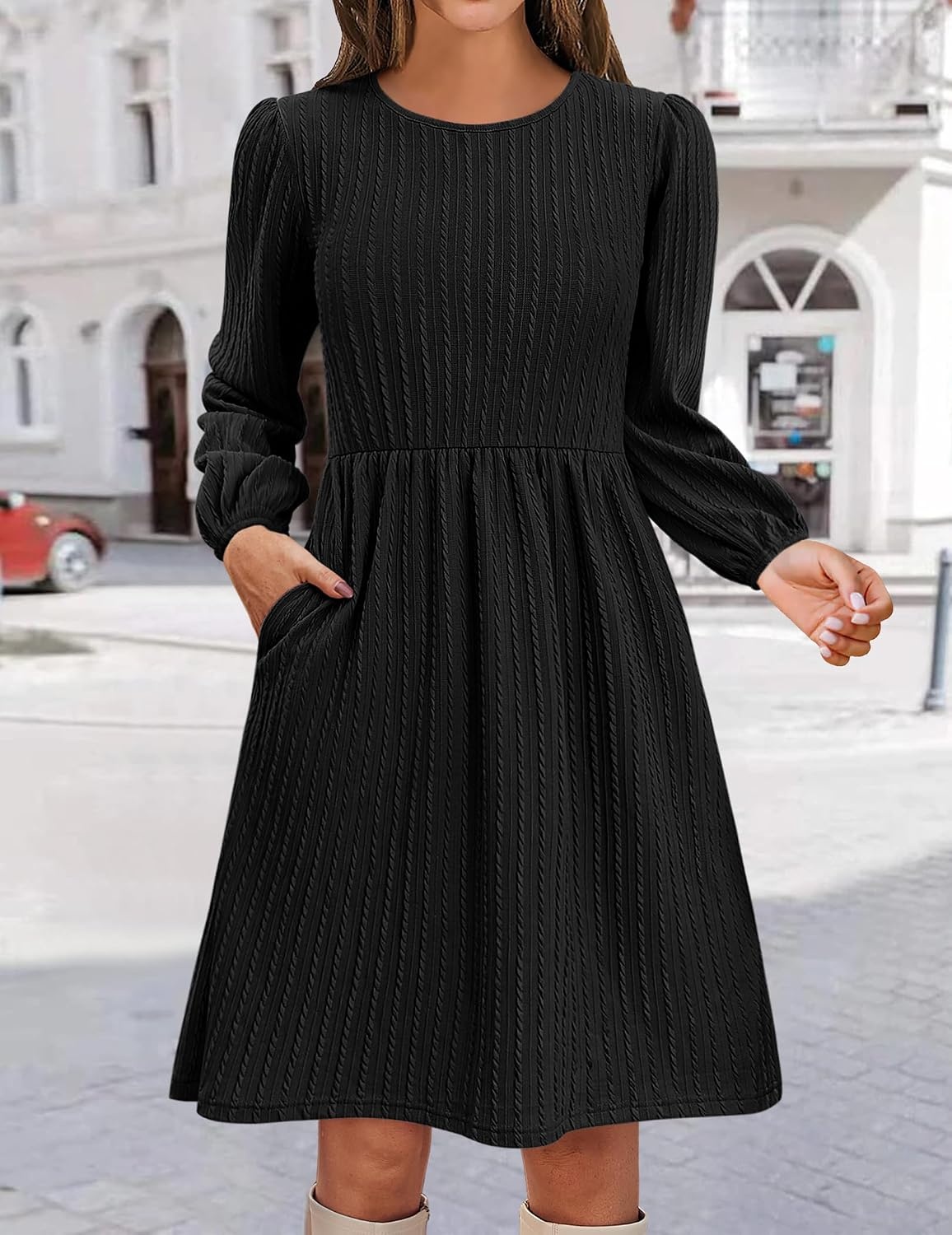 image:imageZeagoo Womens Fall Sweater Dresses with Pockets Crew Neck Long Sleeve ALine Dresses for Women 2025 Casual Winter DressesBlack