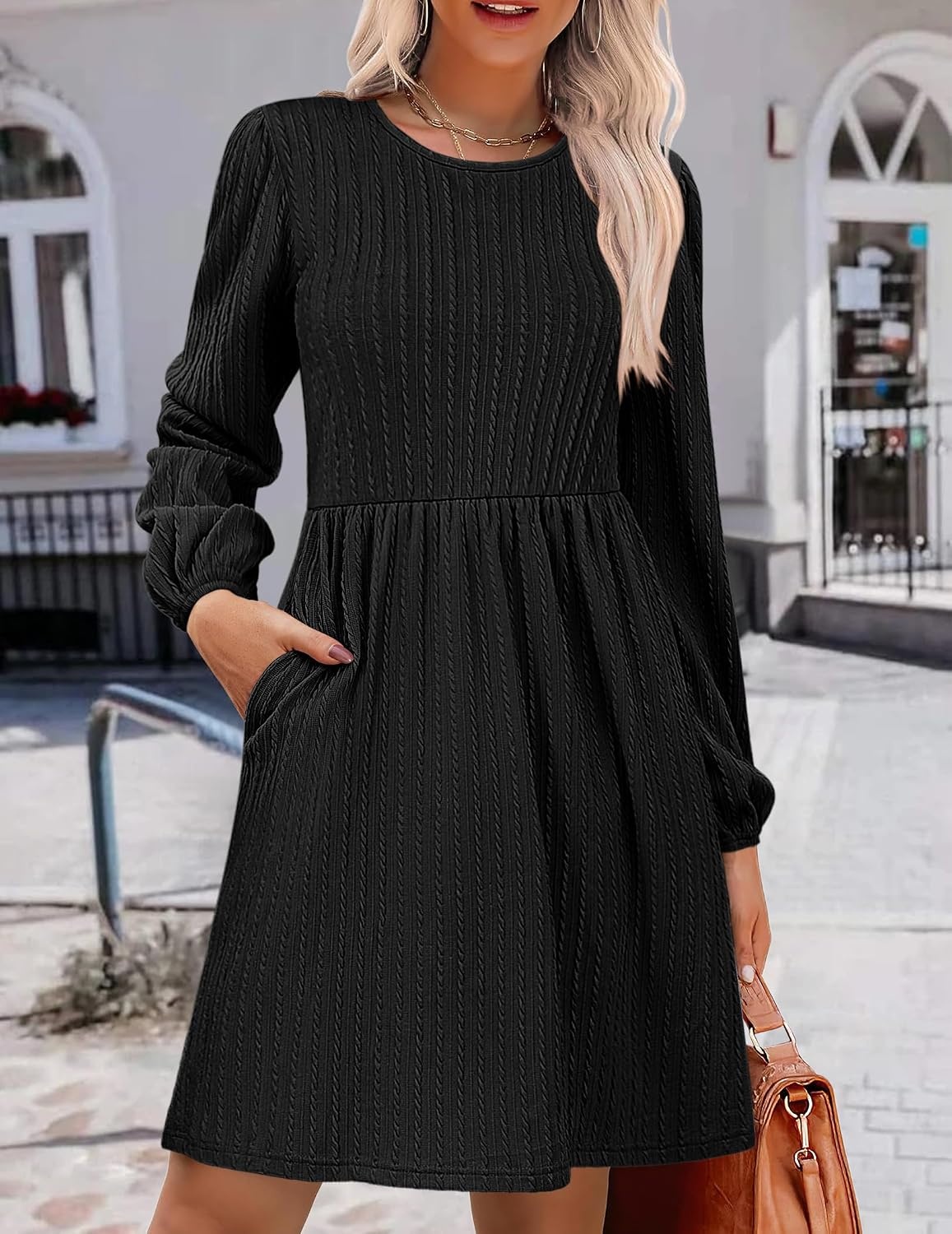 image:imageZeagoo Womens Fall Sweater Dresses with Pockets Crew Neck Long Sleeve ALine Dresses for Women 2025 Casual Winter DressesBlack