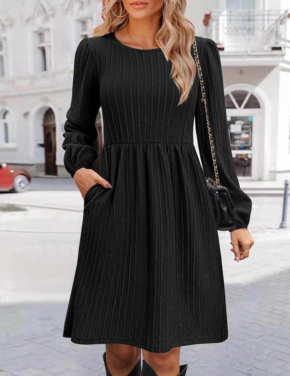 image:imageZeagoo Womens Fall Sweater Dresses with Pockets Crew Neck Long Sleeve ALine Dresses for Women 2025 Casual Winter DressesBlack