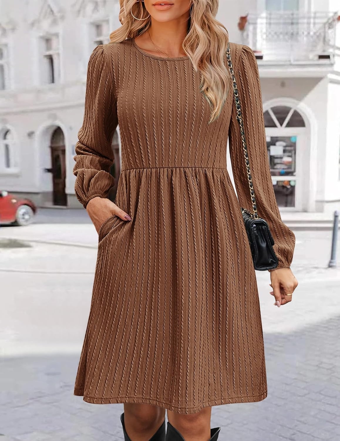 image:imageZeagoo Womens Fall Sweater Dresses with Pockets Crew Neck Long Sleeve ALine Dresses for Women 2025 Casual Winter DressesBrown