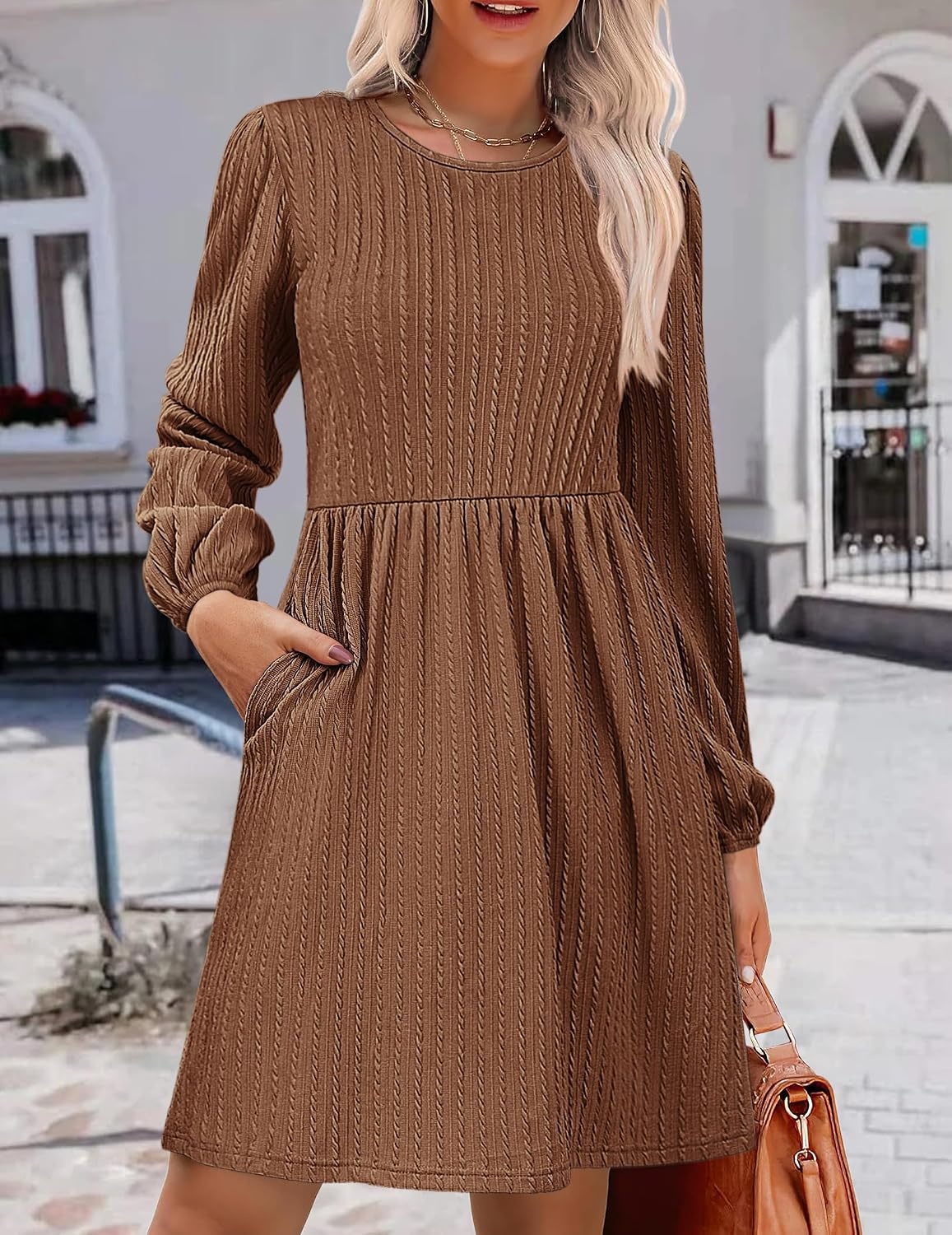 image:imageZeagoo Womens Fall Sweater Dresses with Pockets Crew Neck Long Sleeve ALine Dresses for Women 2025 Casual Winter DressesBrown