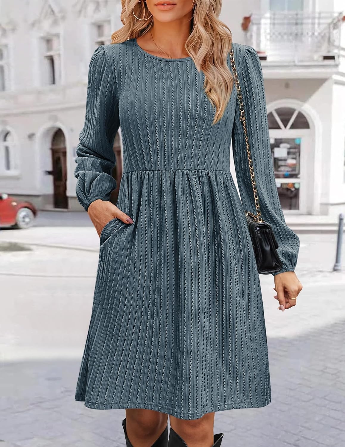 image:imageZeagoo Womens Fall Sweater Dresses with Pockets Crew Neck Long Sleeve ALine Dresses for Women 2025 Casual Winter DressesDark Blue