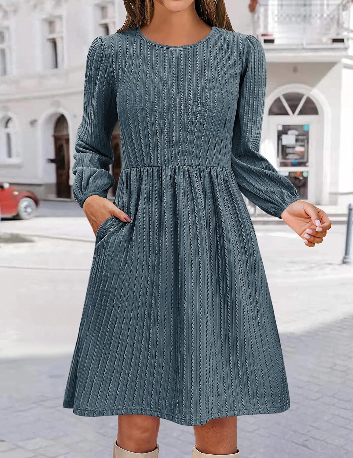 image:imageZeagoo Womens Fall Sweater Dresses with Pockets Crew Neck Long Sleeve ALine Dresses for Women 2025 Casual Winter DressesDark Blue