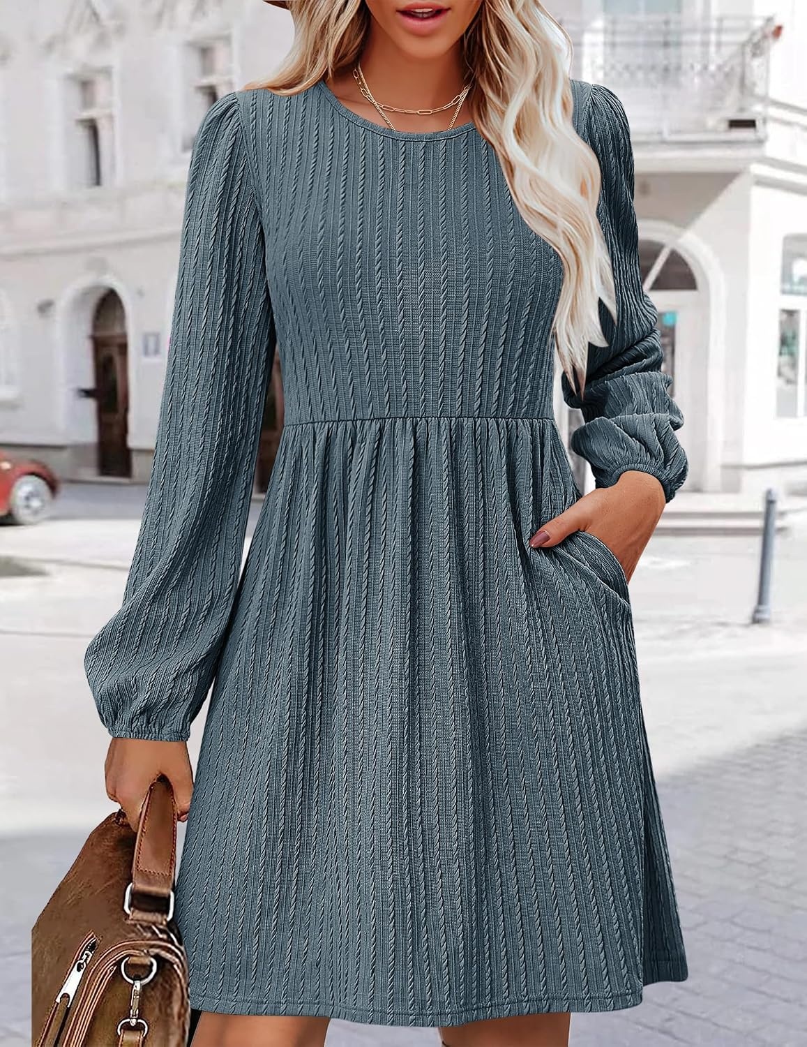 image:imageZeagoo Womens Fall Sweater Dresses with Pockets Crew Neck Long Sleeve ALine Dresses for Women 2025 Casual Winter DressesDark Blue