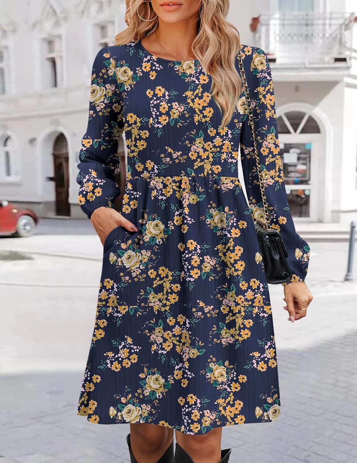 image:imageZeagoo Womens Fall Sweater Dresses with Pockets Crew Neck Long Sleeve ALine Dresses for Women 2025 Casual Winter DressesFloral Blue