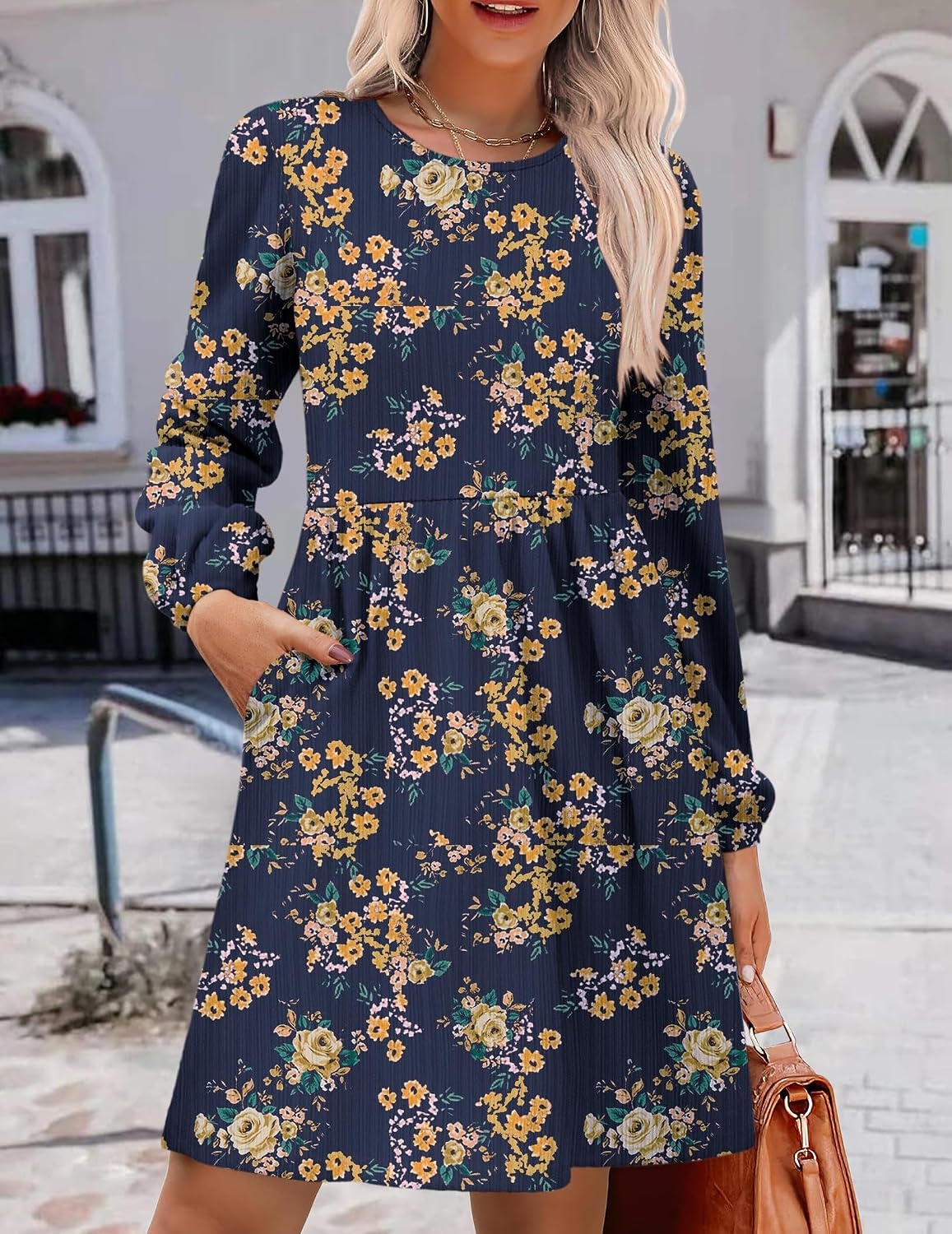 image:imageZeagoo Womens Fall Sweater Dresses with Pockets Crew Neck Long Sleeve ALine Dresses for Women 2025 Casual Winter DressesFloral Blue