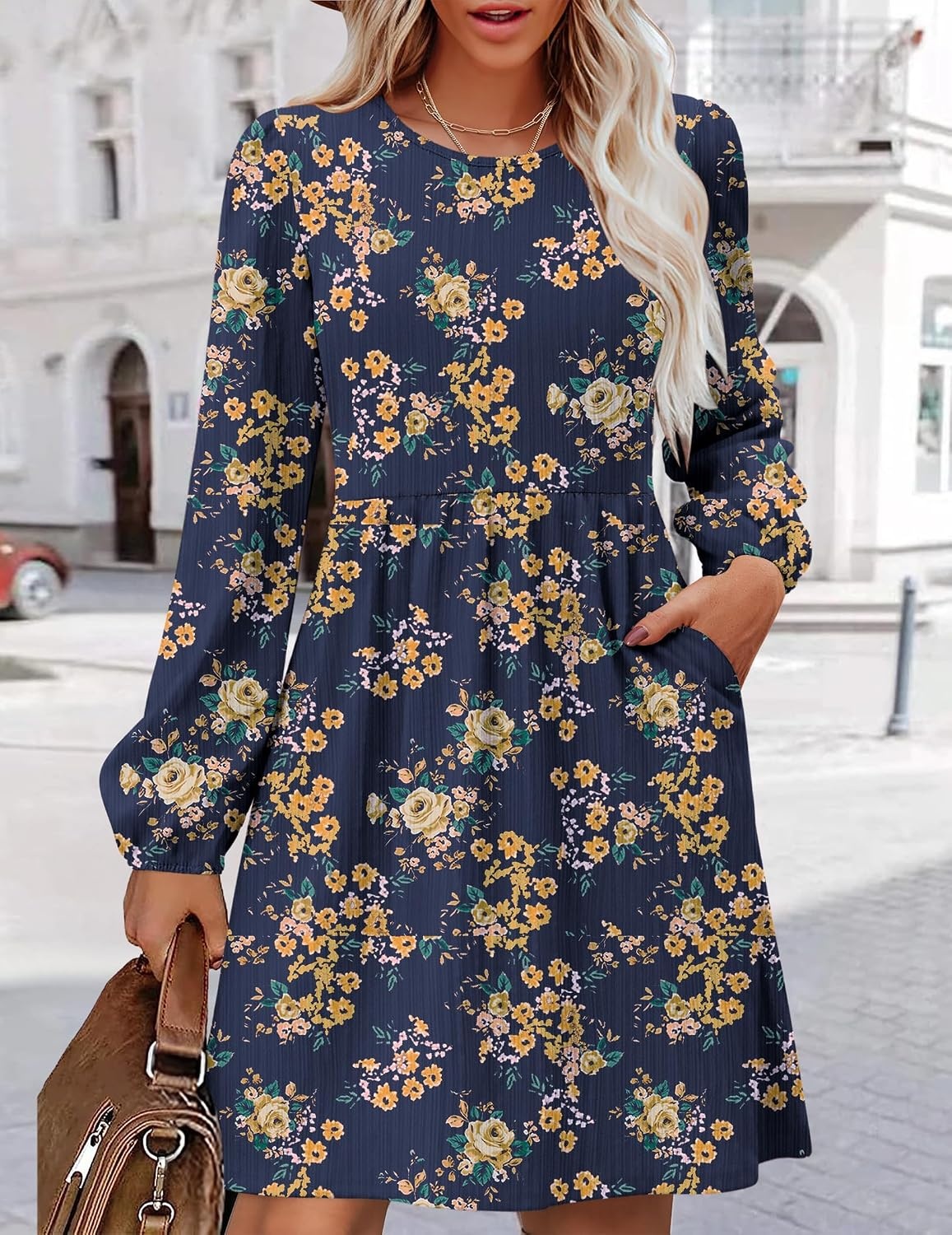 image:imageZeagoo Womens Fall Sweater Dresses with Pockets Crew Neck Long Sleeve ALine Dresses for Women 2025 Casual Winter DressesFloral Blue