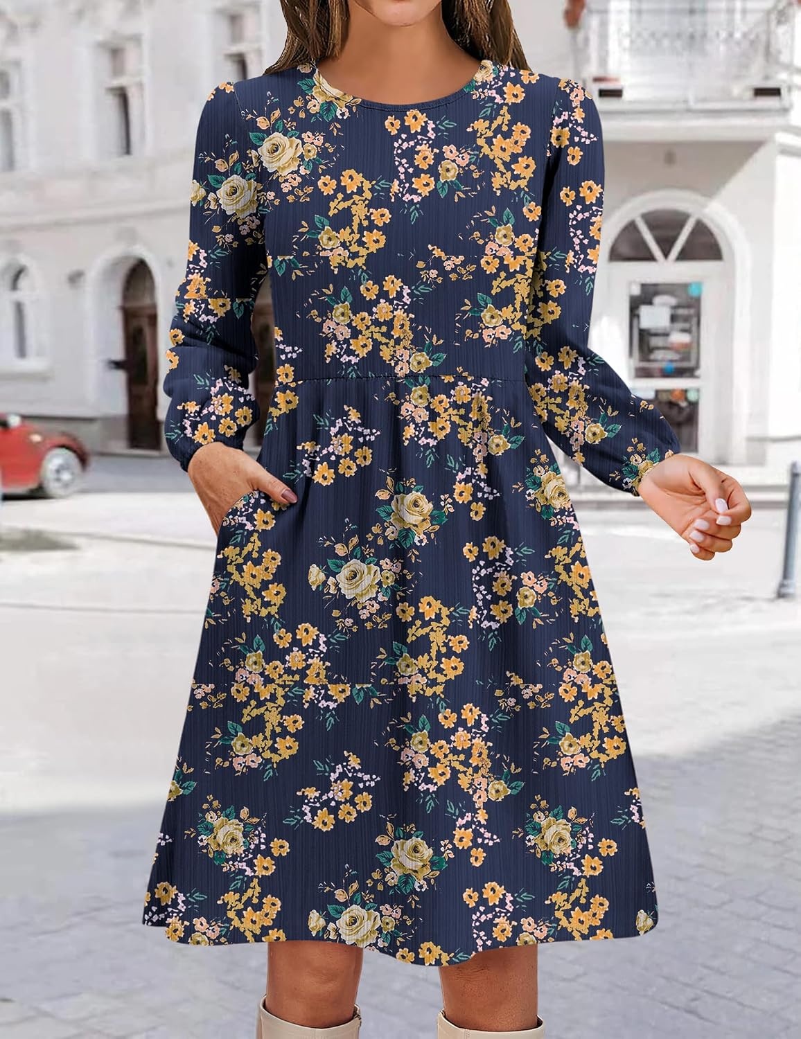 image:imageZeagoo Womens Fall Sweater Dresses with Pockets Crew Neck Long Sleeve ALine Dresses for Women 2025 Casual Winter DressesFloral Blue