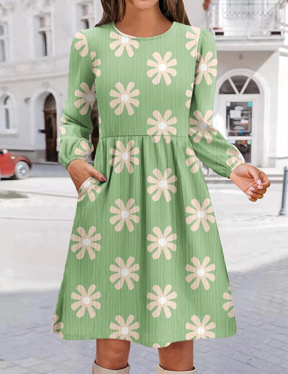 image:imageZeagoo Womens Fall Sweater Dresses with Pockets Crew Neck Long Sleeve ALine Dresses for Women 2025 Casual Winter DressesFloral Green