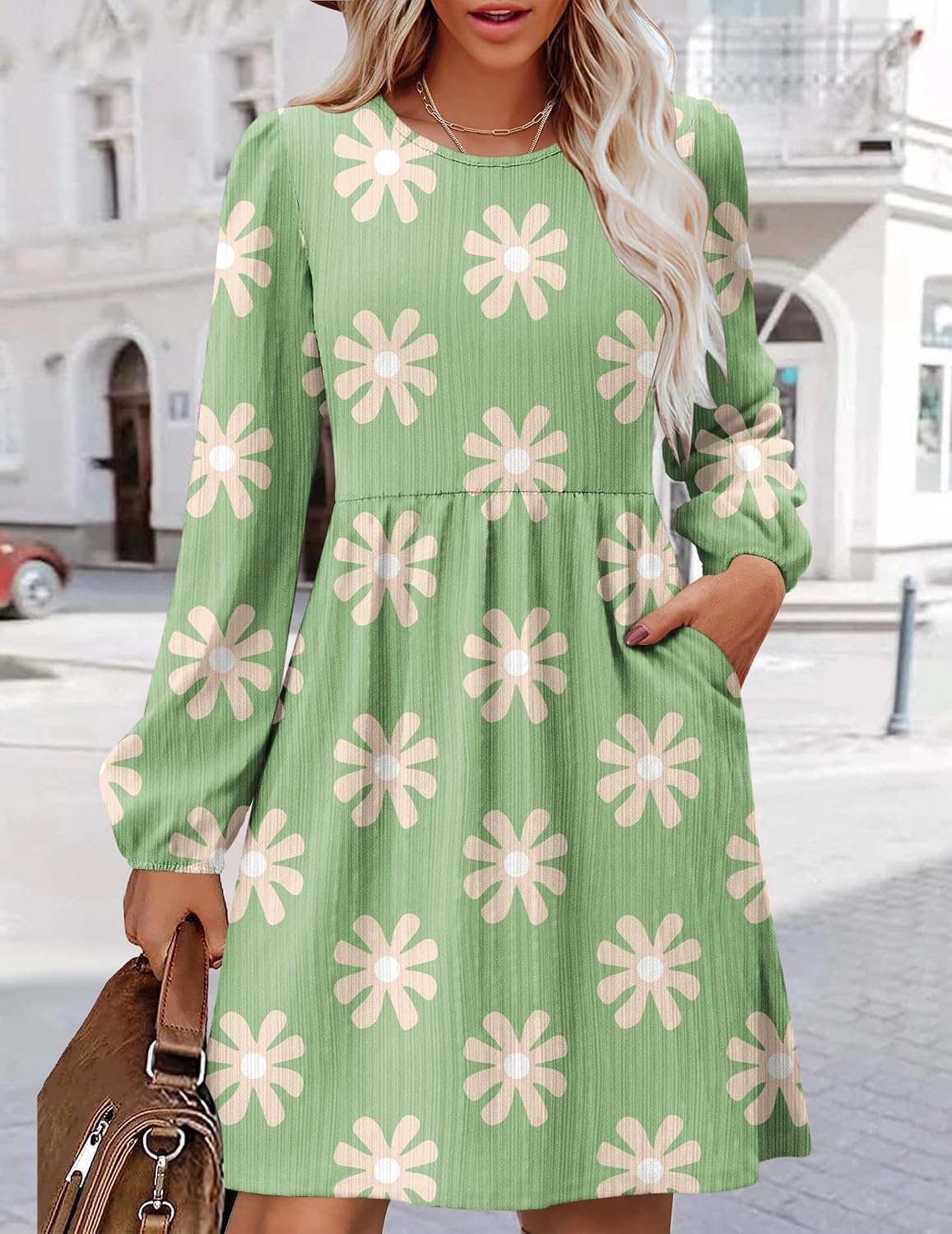 image:imageZeagoo Womens Fall Sweater Dresses with Pockets Crew Neck Long Sleeve ALine Dresses for Women 2025 Casual Winter DressesFloral Green