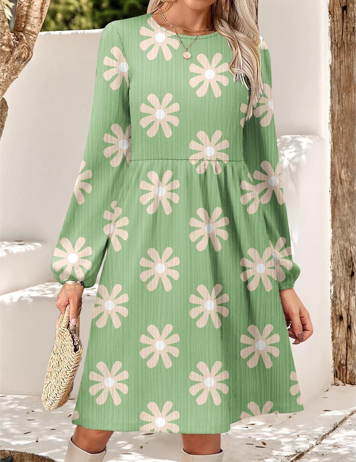 image:imageZeagoo Womens Fall Sweater Dresses with Pockets Crew Neck Long Sleeve ALine Dresses for Women 2025 Casual Winter DressesFloral Green