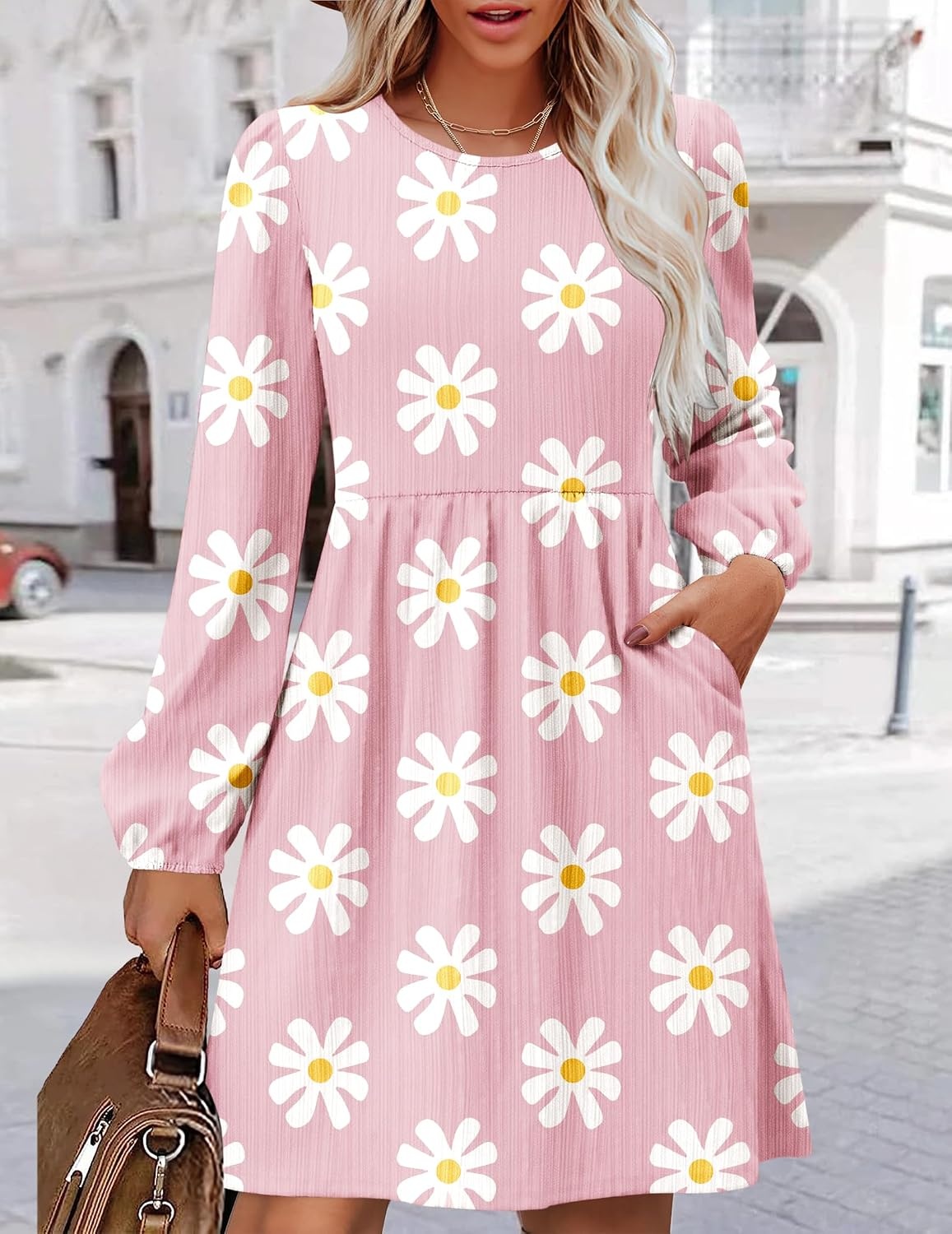image:imageZeagoo Womens Fall Sweater Dresses with Pockets Crew Neck Long Sleeve ALine Dresses for Women 2025 Casual Winter DressesFloral Pink