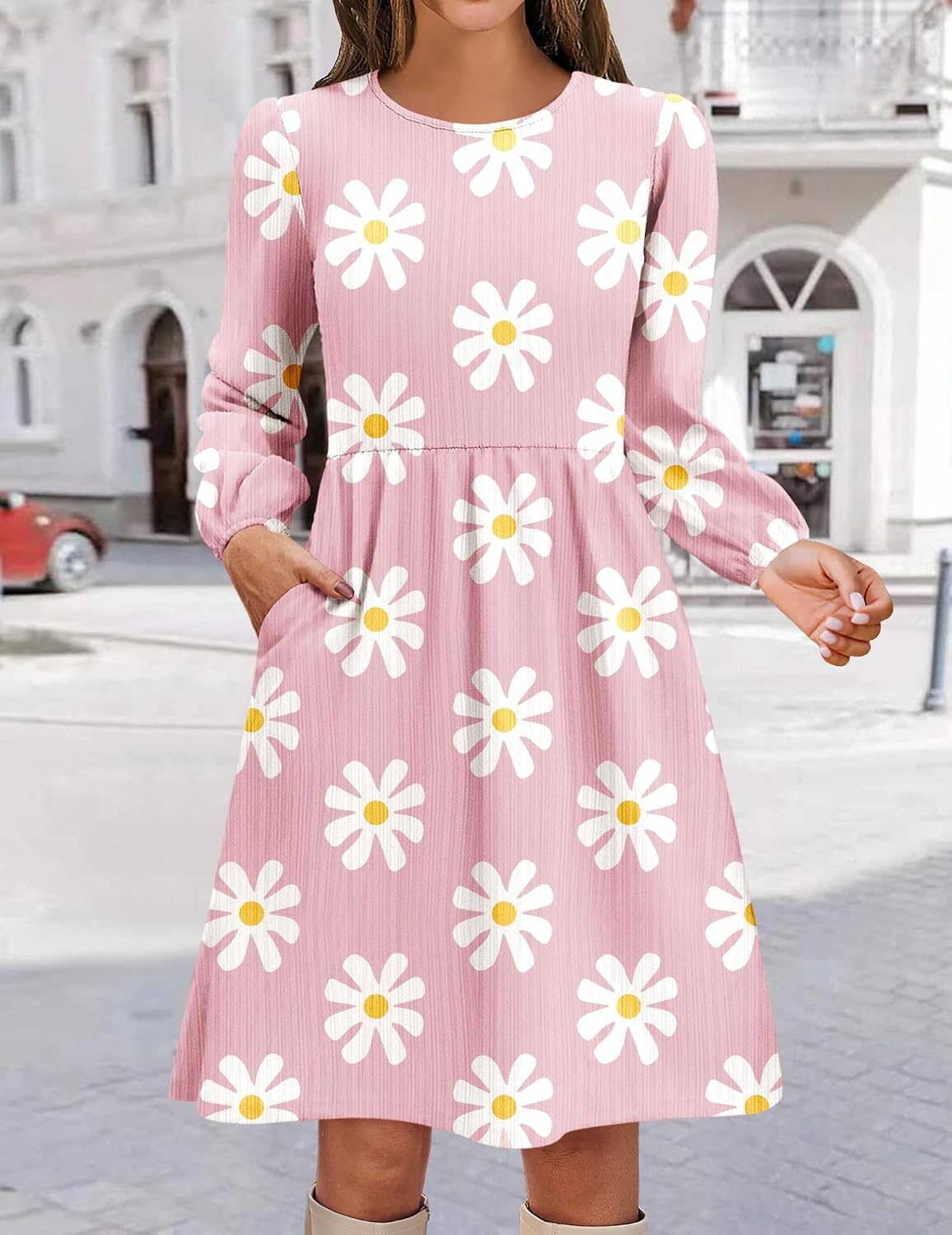 image:imageZeagoo Womens Fall Sweater Dresses with Pockets Crew Neck Long Sleeve ALine Dresses for Women 2025 Casual Winter DressesFloral Pink