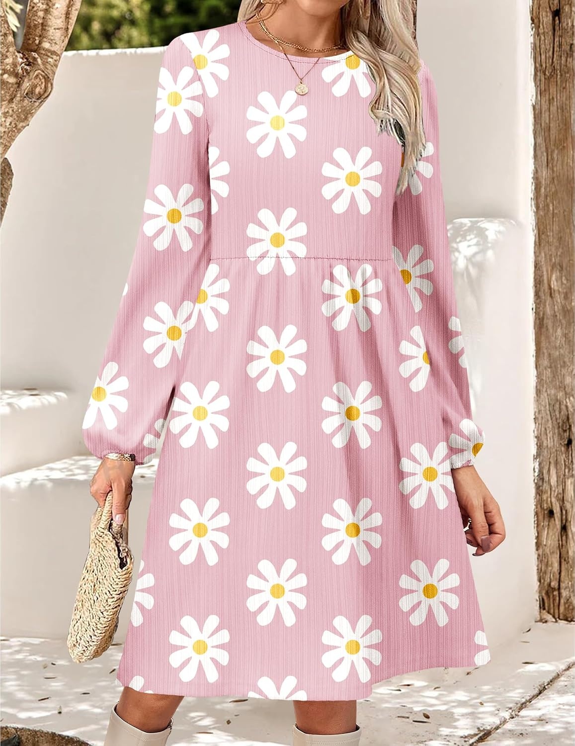 image:imageZeagoo Womens Fall Sweater Dresses with Pockets Crew Neck Long Sleeve ALine Dresses for Women 2025 Casual Winter DressesFloral Pink