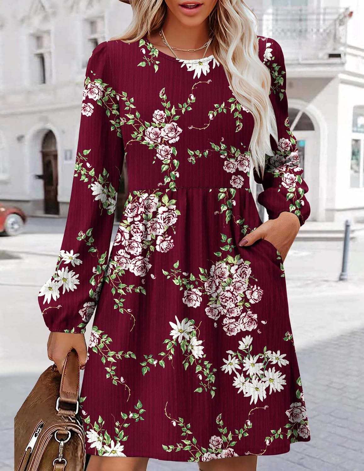 image:imageZeagoo Womens Fall Sweater Dresses with Pockets Crew Neck Long Sleeve ALine Dresses for Women 2025 Casual Winter DressesFloral Red