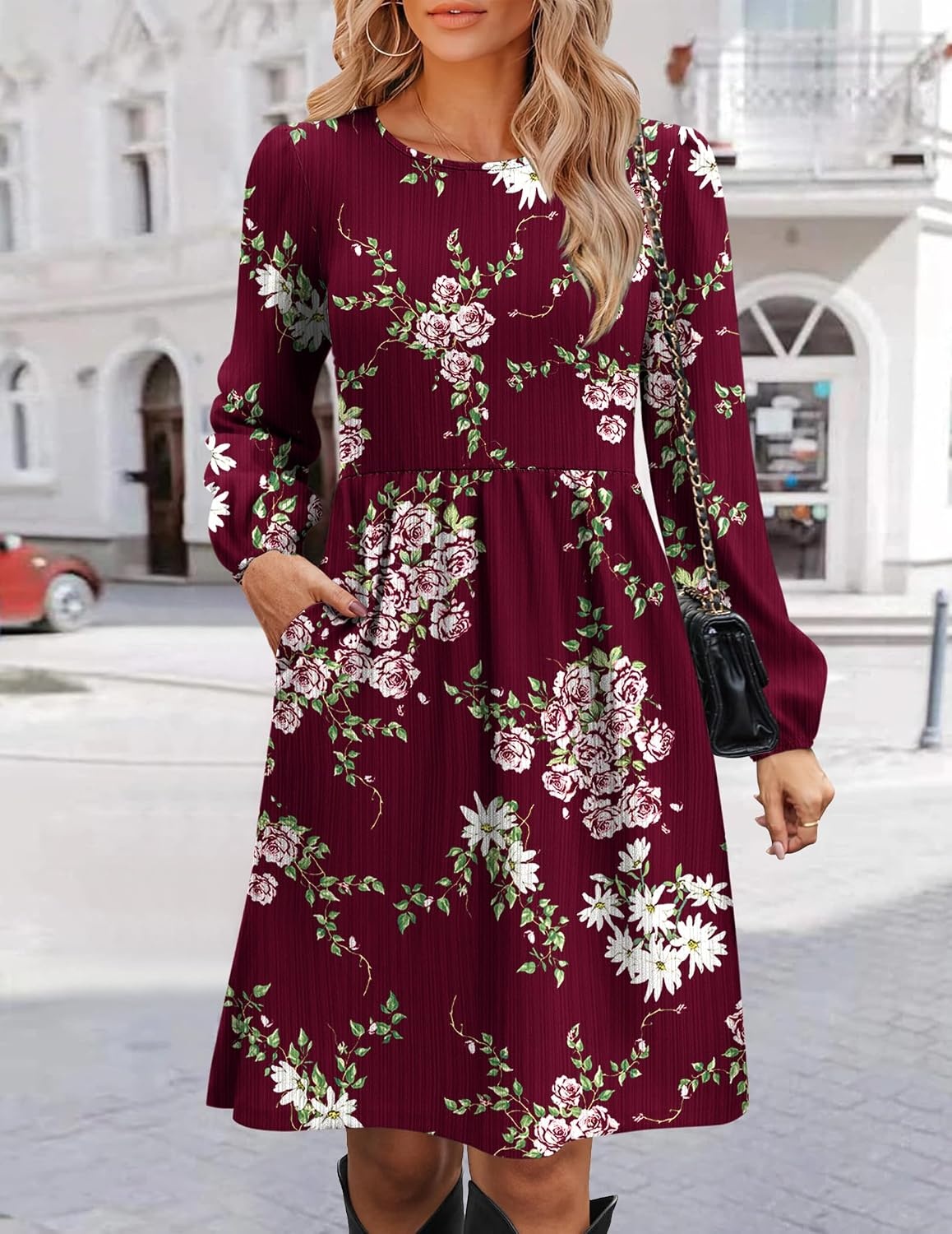 image:imageZeagoo Womens Fall Sweater Dresses with Pockets Crew Neck Long Sleeve ALine Dresses for Women 2025 Casual Winter DressesFloral Red
