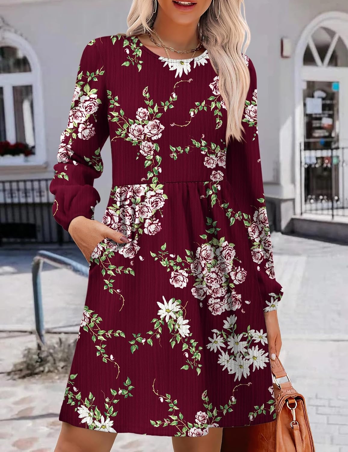 image:imageZeagoo Womens Fall Sweater Dresses with Pockets Crew Neck Long Sleeve ALine Dresses for Women 2025 Casual Winter DressesFloral Red