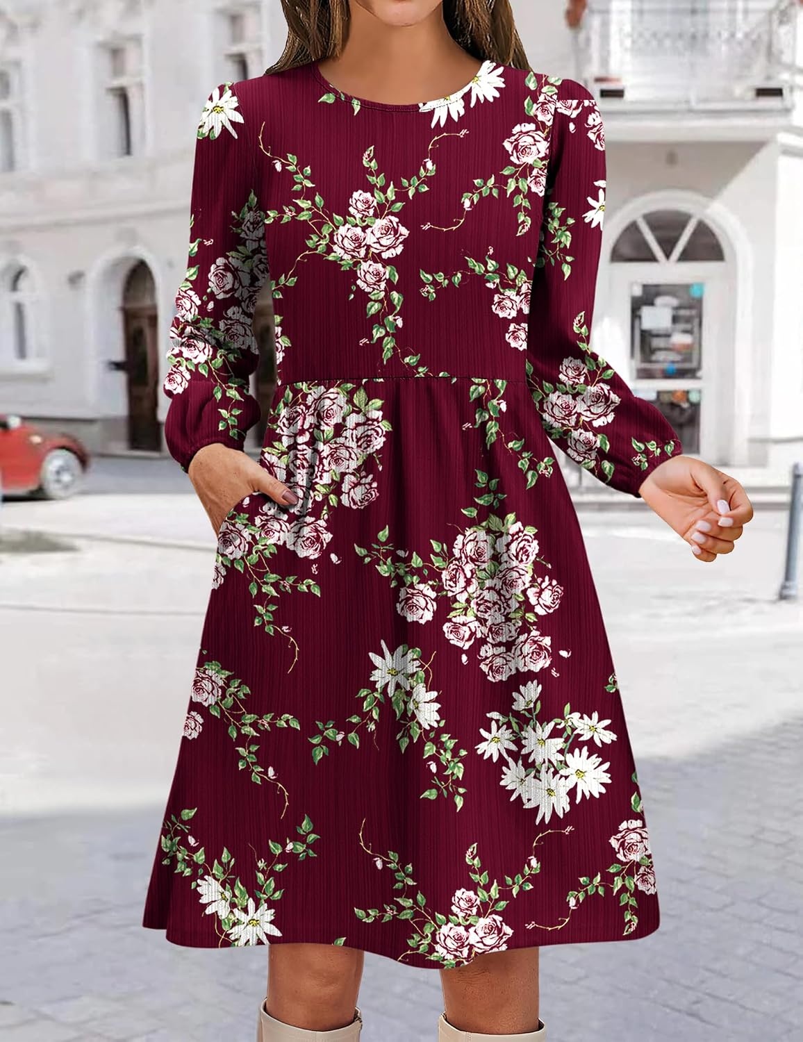 image:imageZeagoo Womens Fall Sweater Dresses with Pockets Crew Neck Long Sleeve ALine Dresses for Women 2025 Casual Winter DressesFloral Red