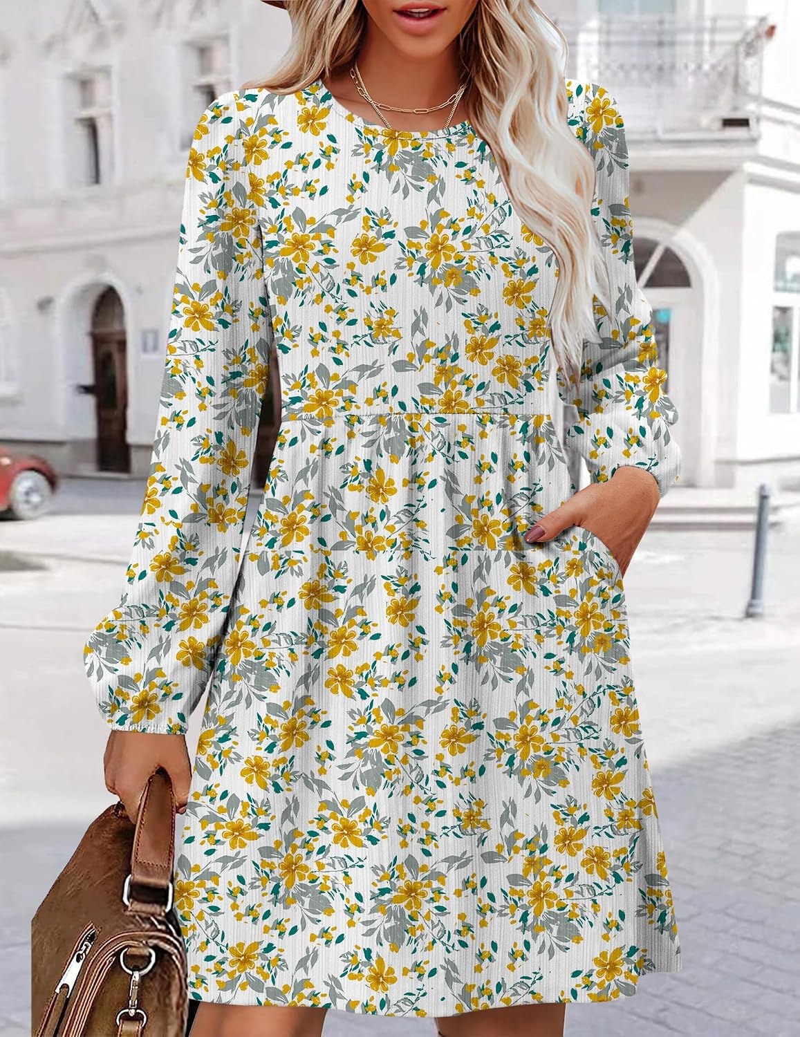 image:imageZeagoo Womens Fall Sweater Dresses with Pockets Crew Neck Long Sleeve ALine Dresses for Women 2025 Casual Winter DressesFloral White