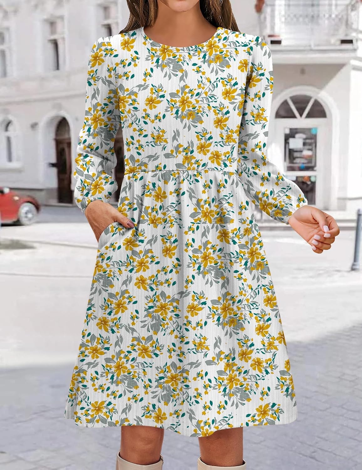 image:imageZeagoo Womens Fall Sweater Dresses with Pockets Crew Neck Long Sleeve ALine Dresses for Women 2025 Casual Winter DressesFloral White