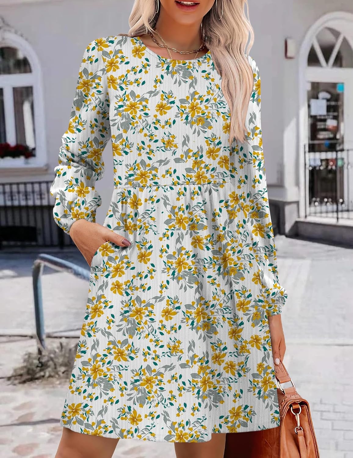image:imageZeagoo Womens Fall Sweater Dresses with Pockets Crew Neck Long Sleeve ALine Dresses for Women 2025 Casual Winter DressesFloral White