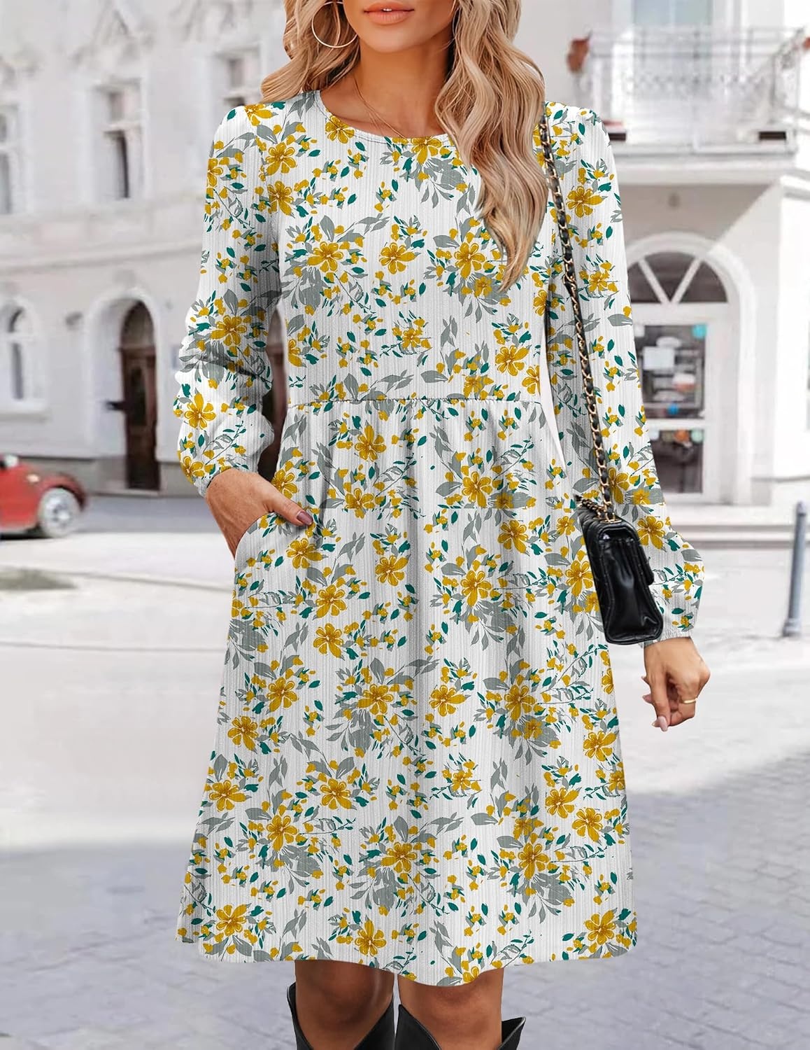 image:imageZeagoo Womens Fall Sweater Dresses with Pockets Crew Neck Long Sleeve ALine Dresses for Women 2025 Casual Winter DressesFloral White