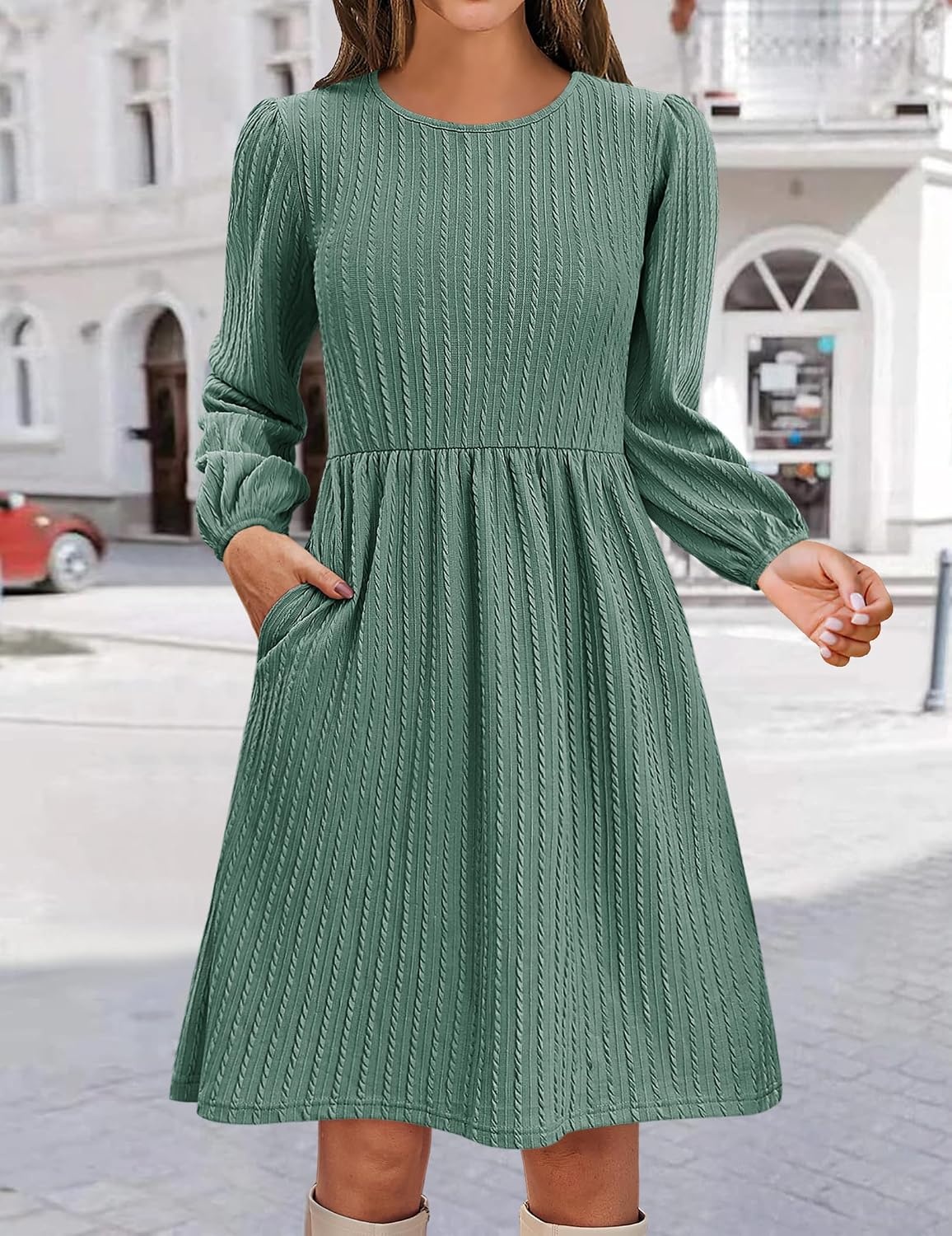 image:imageZeagoo Womens Fall Sweater Dresses with Pockets Crew Neck Long Sleeve ALine Dresses for Women 2025 Casual Winter DressesMint Green