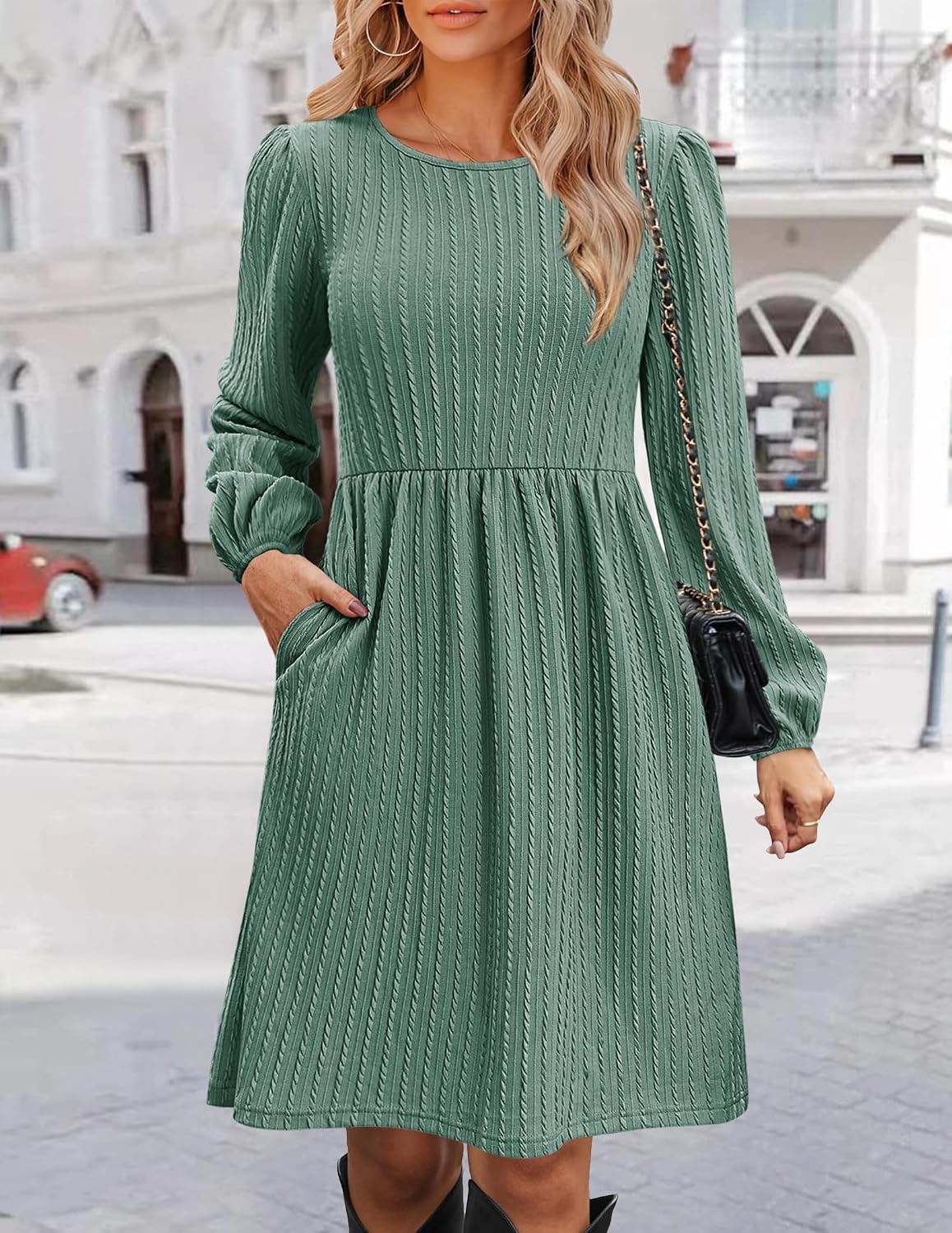 image:imageZeagoo Womens Fall Sweater Dresses with Pockets Crew Neck Long Sleeve ALine Dresses for Women 2025 Casual Winter DressesMint Green