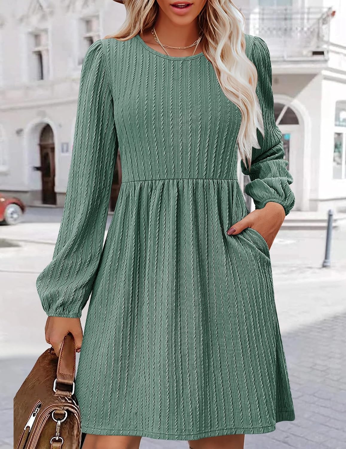image:imageZeagoo Womens Fall Sweater Dresses with Pockets Crew Neck Long Sleeve ALine Dresses for Women 2025 Casual Winter DressesMint Green