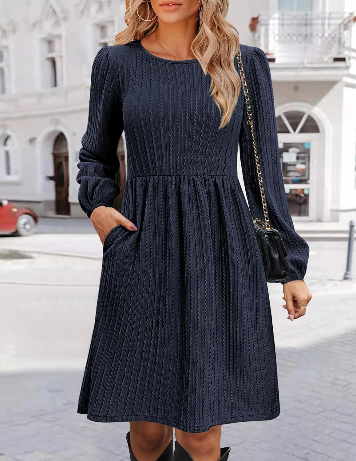 image:imageZeagoo Womens Fall Sweater Dresses with Pockets Crew Neck Long Sleeve ALine Dresses for Women 2025 Casual Winter DressesNavy Blue