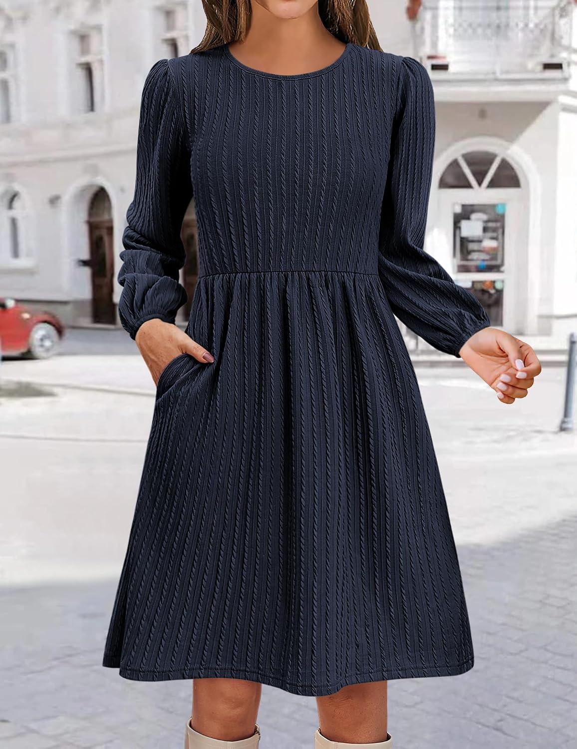 image:imageZeagoo Womens Fall Sweater Dresses with Pockets Crew Neck Long Sleeve ALine Dresses for Women 2025 Casual Winter DressesNavy Blue