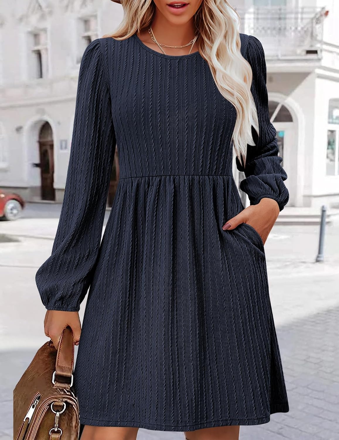 image:imageZeagoo Womens Fall Sweater Dresses with Pockets Crew Neck Long Sleeve ALine Dresses for Women 2025 Casual Winter DressesNavy Blue