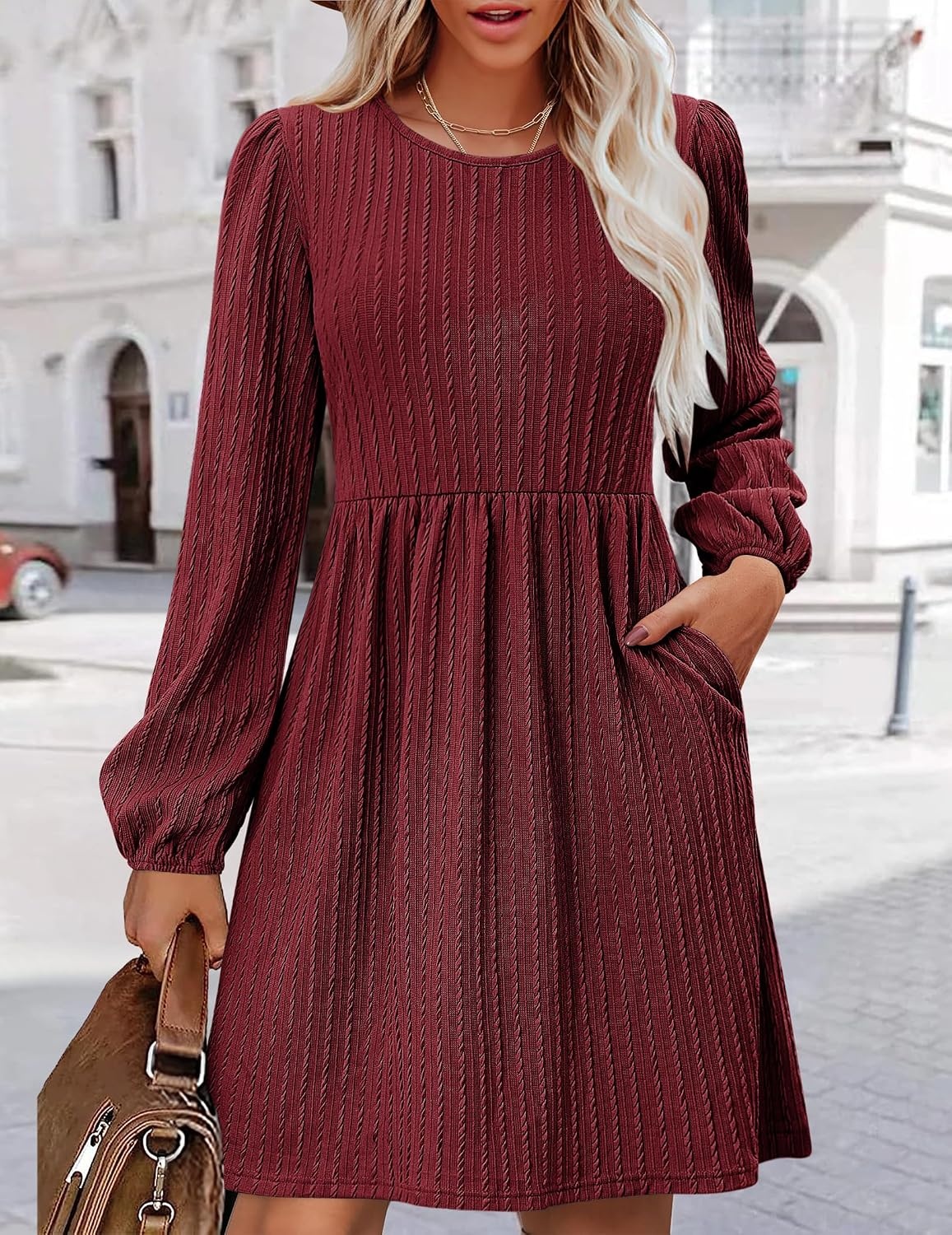 image:imageZeagoo Womens Fall Sweater Dresses with Pockets Crew Neck Long Sleeve ALine Dresses for Women 2025 Casual Winter DressesWine Red