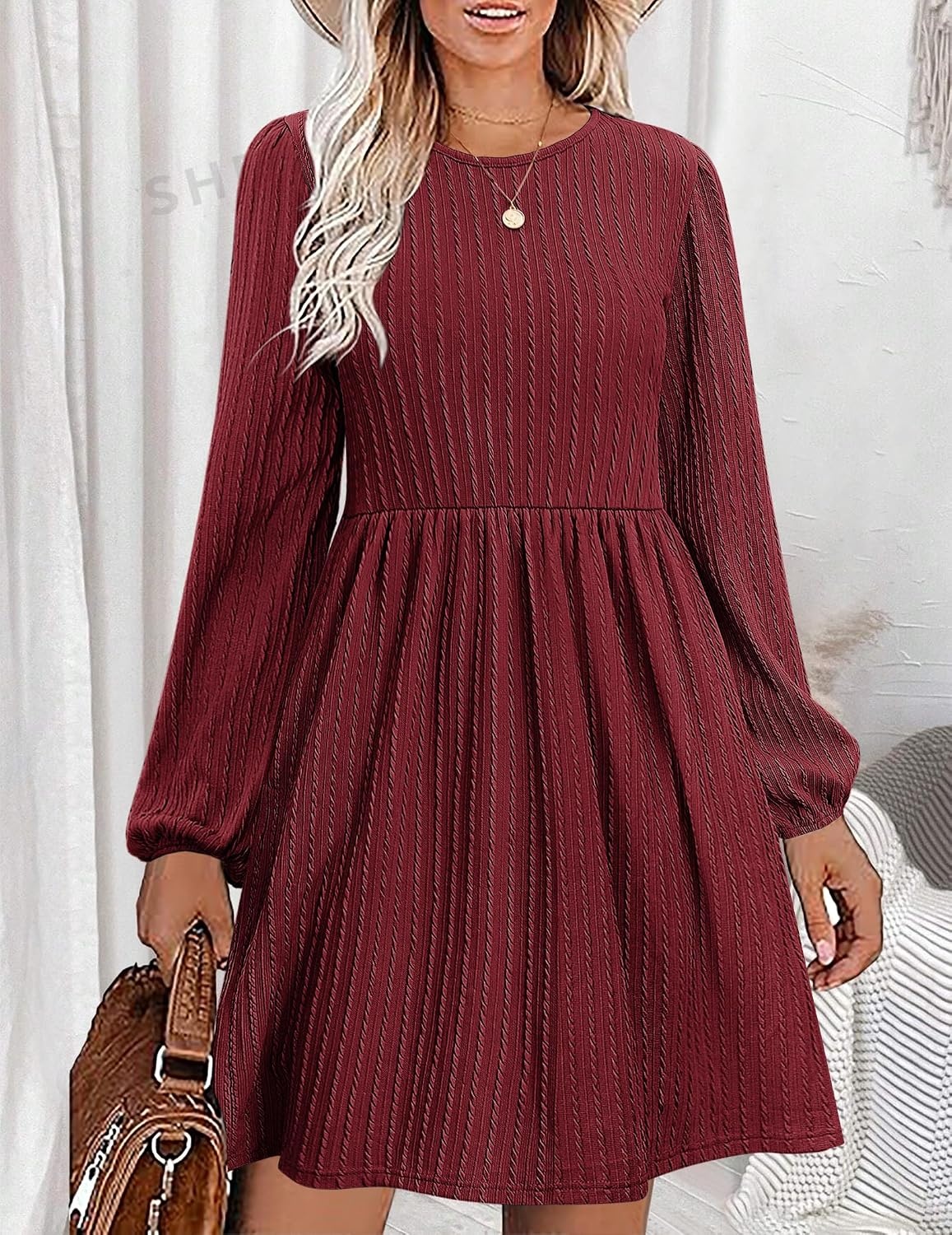image:imageZeagoo Womens Fall Sweater Dresses with Pockets Crew Neck Long Sleeve ALine Dresses for Women 2025 Casual Winter DressesWine Red