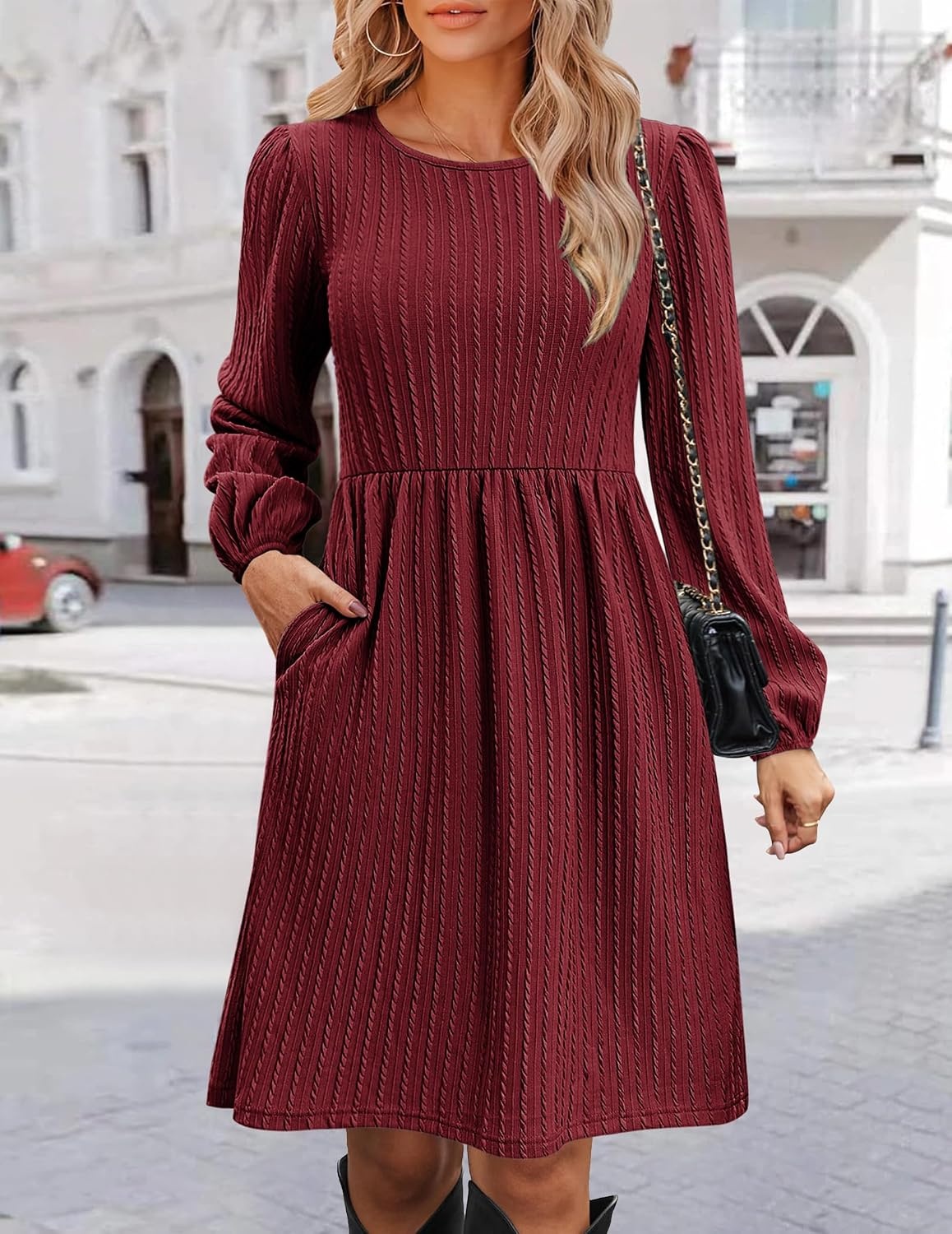 image:imageZeagoo Womens Fall Sweater Dresses with Pockets Crew Neck Long Sleeve ALine Dresses for Women 2025 Casual Winter DressesWine Red