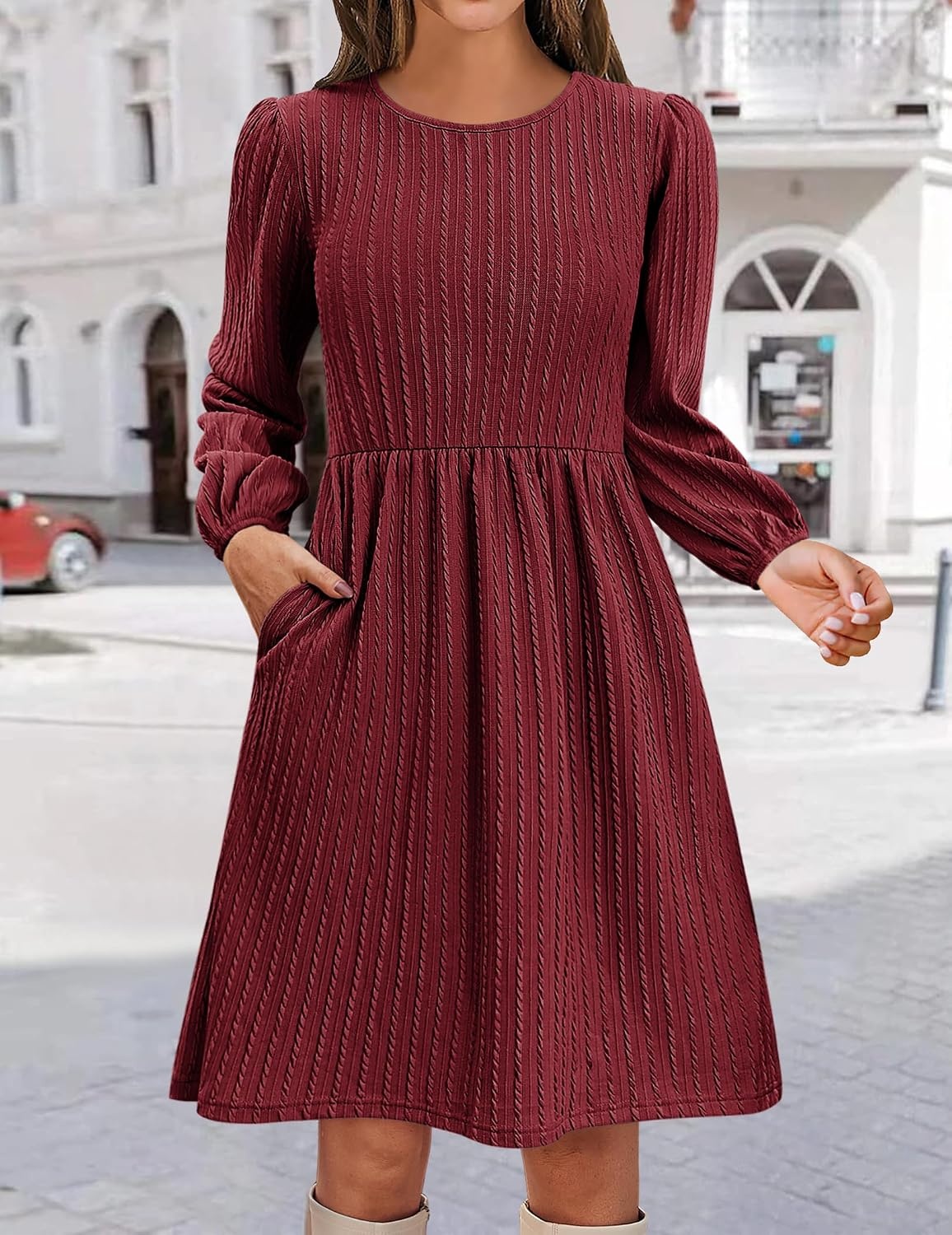 image:imageZeagoo Womens Fall Sweater Dresses with Pockets Crew Neck Long Sleeve ALine Dresses for Women 2025 Casual Winter DressesWine Red