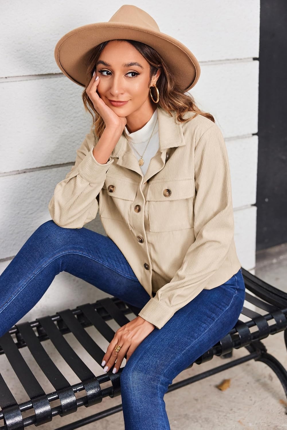 image:imageZeagoo Womens Fashion Cropped Corduroy Shackets Button Down Jackets Tops Fall Trendy Lightweight Long Sleeve ShirtsApricot