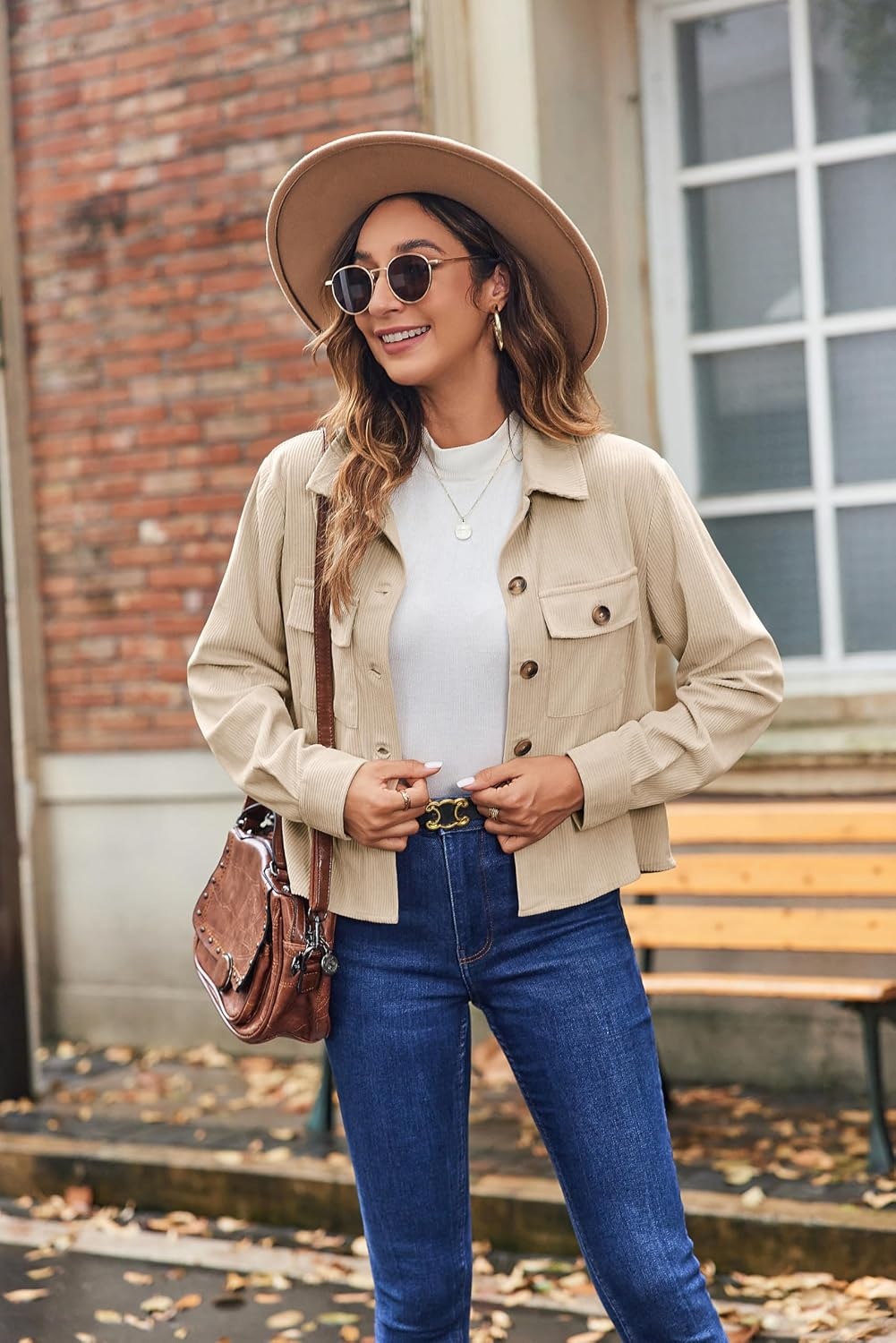 image:imageZeagoo Womens Fashion Cropped Corduroy Shackets Button Down Jackets Tops Fall Trendy Lightweight Long Sleeve ShirtsApricot