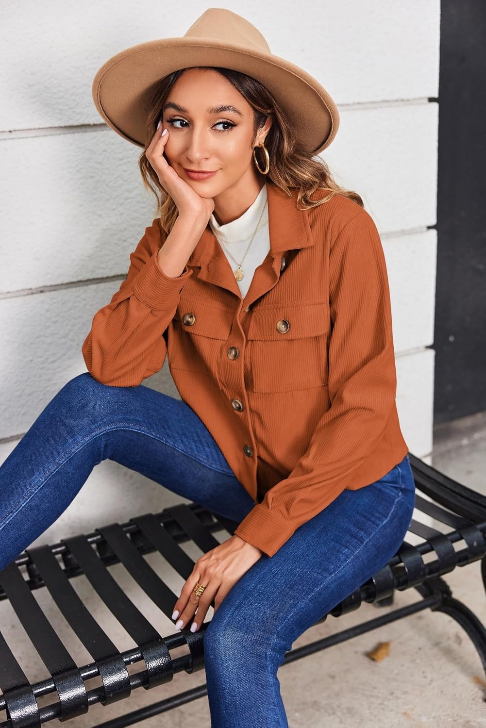 image:imageZeagoo Womens Fashion Cropped Corduroy Shackets Button Down Jackets Tops Fall Trendy Lightweight Long Sleeve ShirtsCaramel