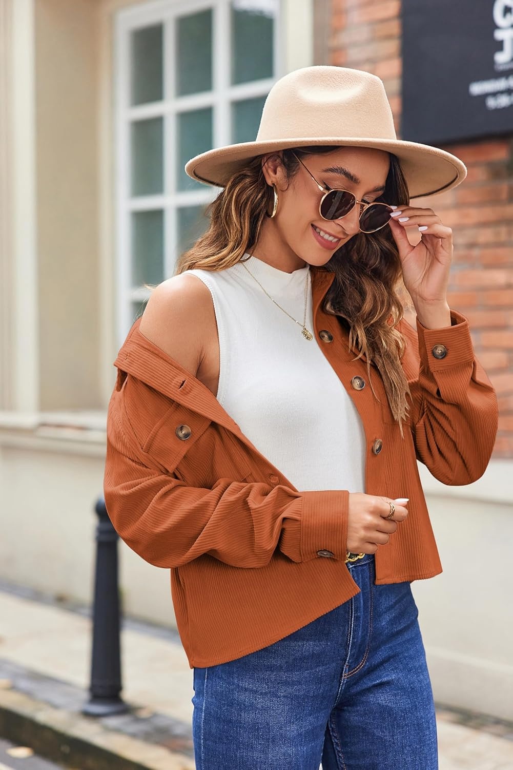 image:imageZeagoo Womens Fashion Cropped Corduroy Shackets Button Down Jackets Tops Fall Trendy Lightweight Long Sleeve ShirtsCaramel