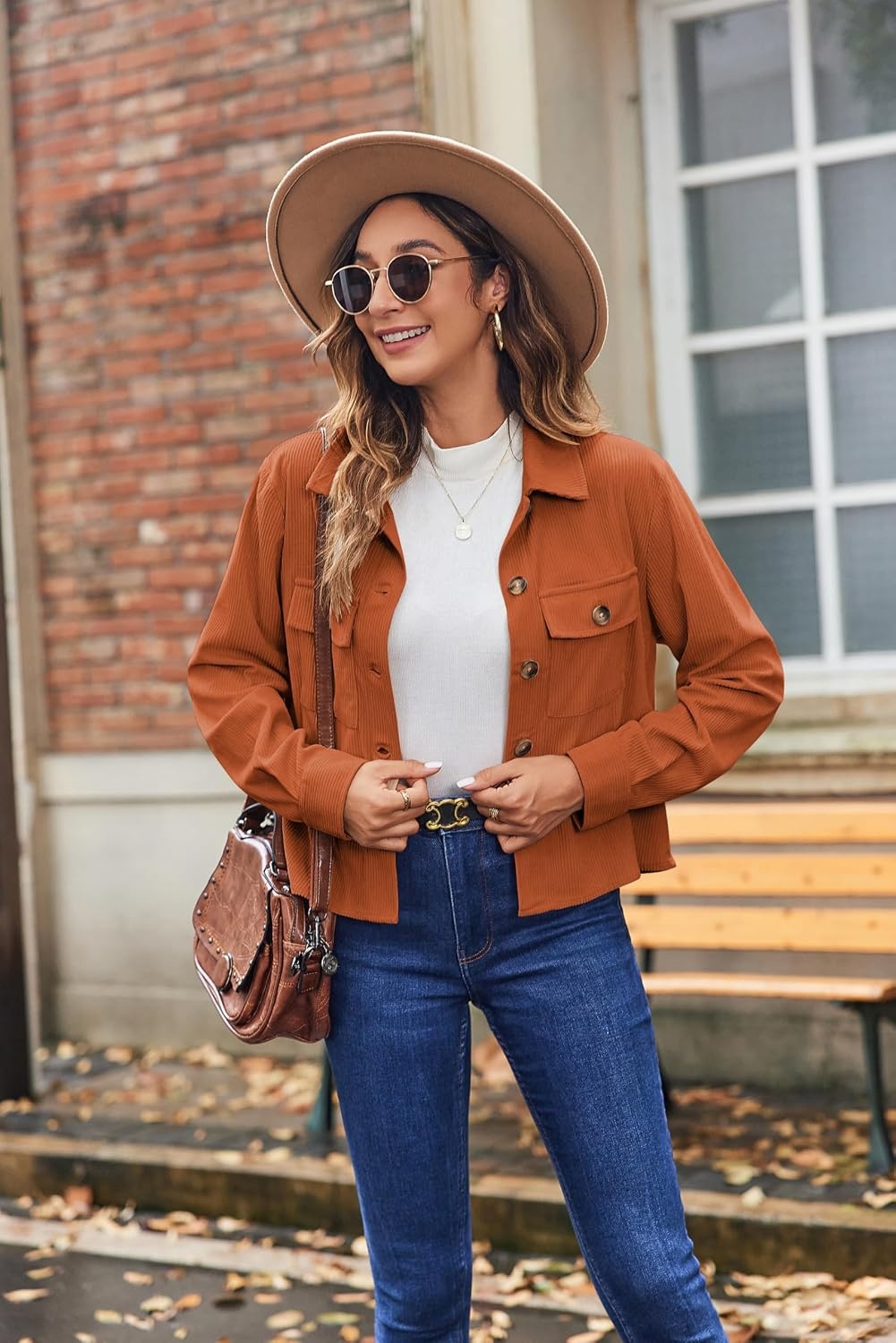 image:imageZeagoo Womens Fashion Cropped Corduroy Shackets Button Down Jackets Tops Fall Trendy Lightweight Long Sleeve ShirtsCaramel