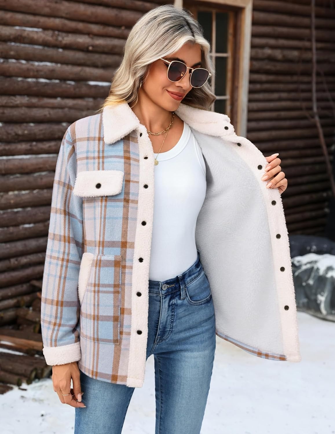 image:imageZeagoo Womens Flannel Jacket Fleece Lined Shacket Fall Outfits Plaid SherpaBlue
