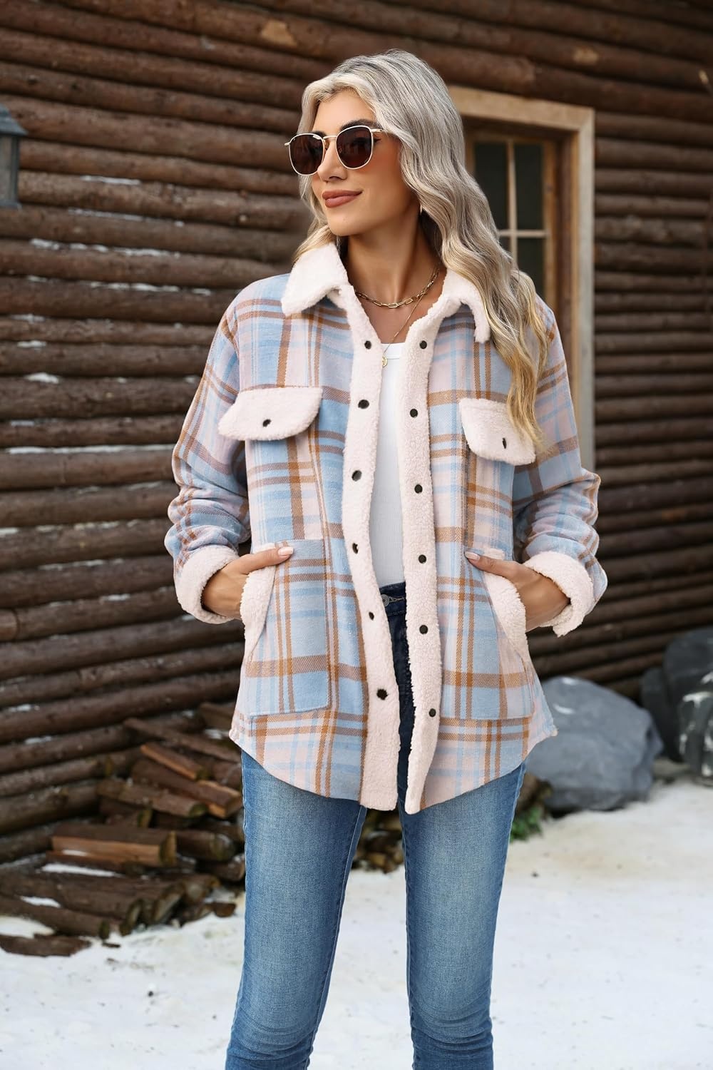 image:imageZeagoo Womens Flannel Jacket Fleece Lined Shacket Fall Outfits Plaid SherpaBlue