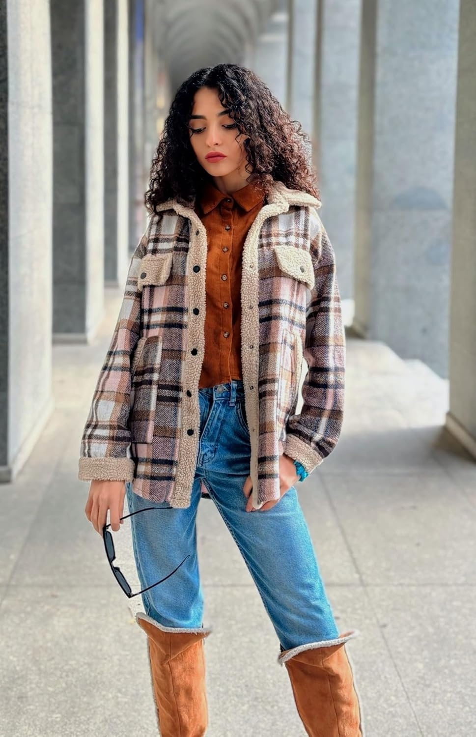 image:imageZeagoo Womens Flannel Jacket Fleece Lined Shacket Fall Outfits Plaid SherpaGrey Pink