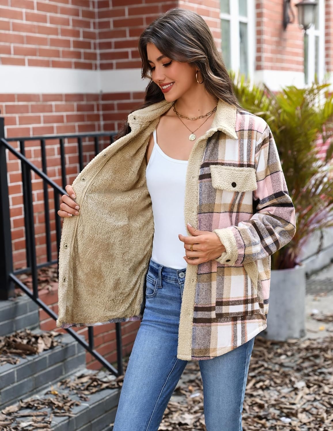 image:imageZeagoo Womens Flannel Jacket Fleece Lined Shacket Fall Outfits Plaid SherpaGrey Pink
